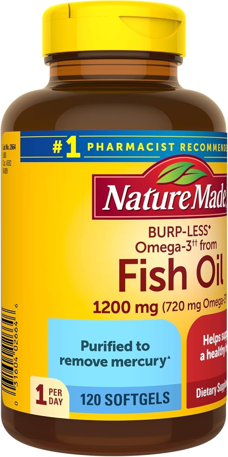120 Softgels Nature Made Burp-Less Fish Oil 1200 mg - One Daily Omega 3 Supplement for Heart Health