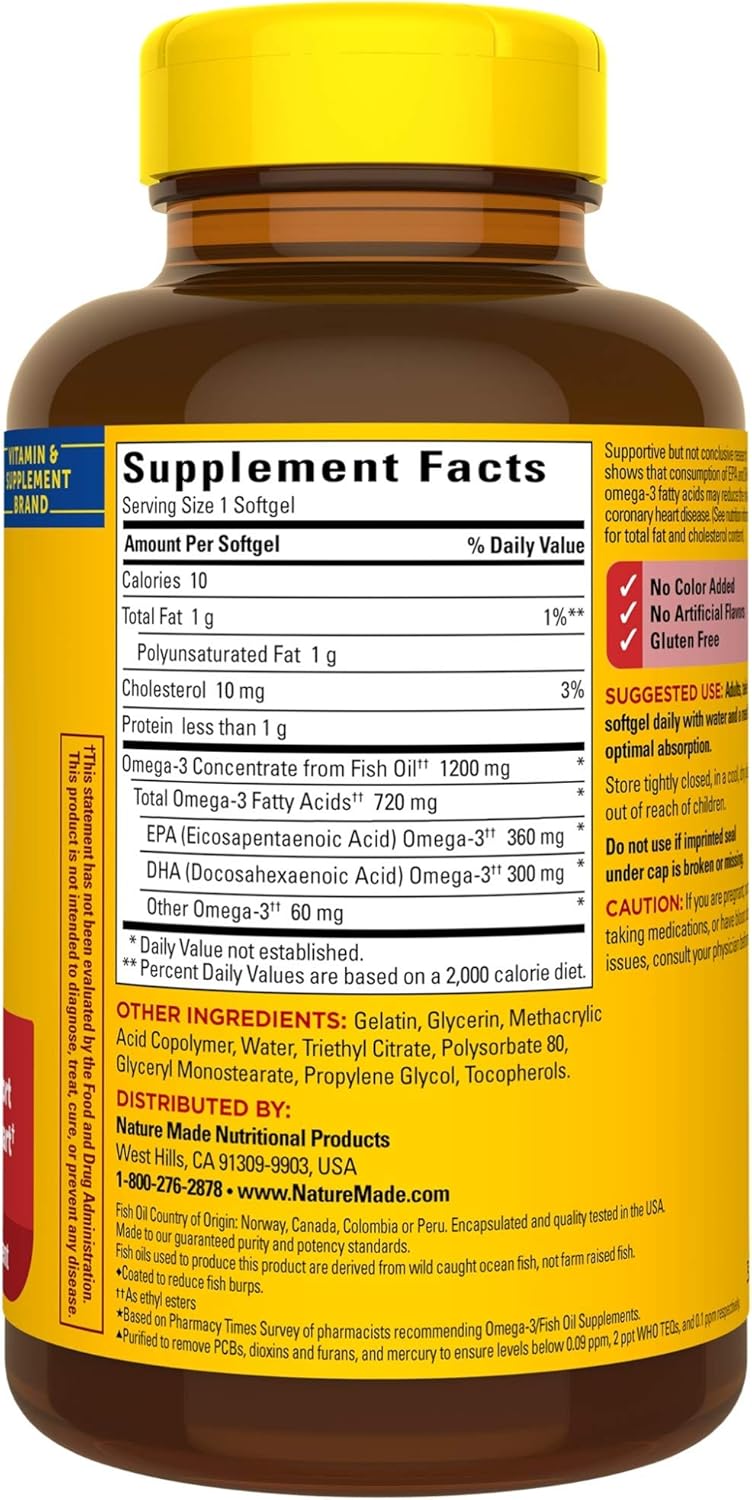 120 Softgels Nature Made Burp-Less Fish Oil 1200 mg - One Daily Omega 3 Supplement for Heart Health