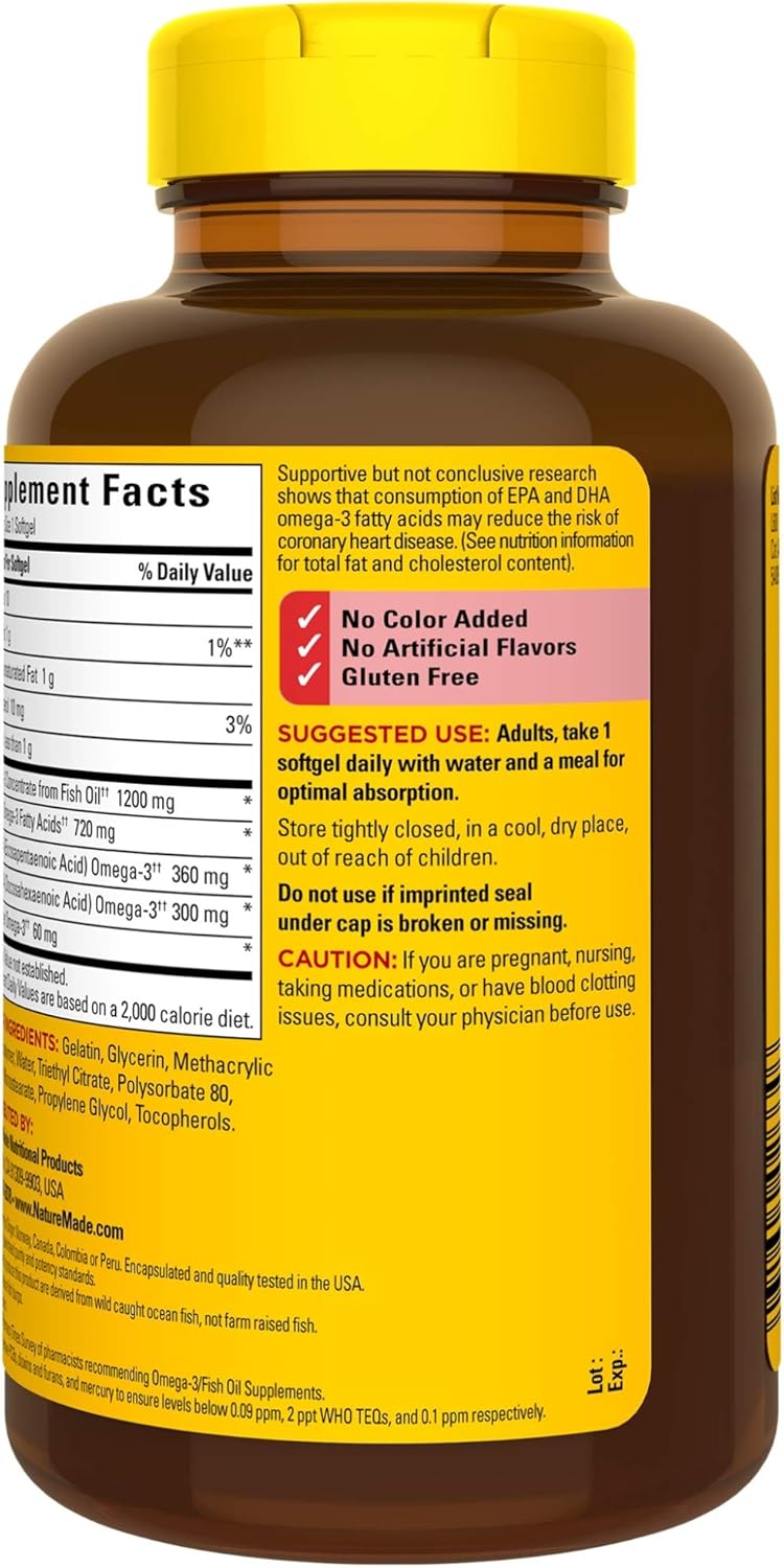 120 Softgels Nature Made Burp-Less Fish Oil 1200 mg - One Daily Omega 3 Supplement for Heart Health