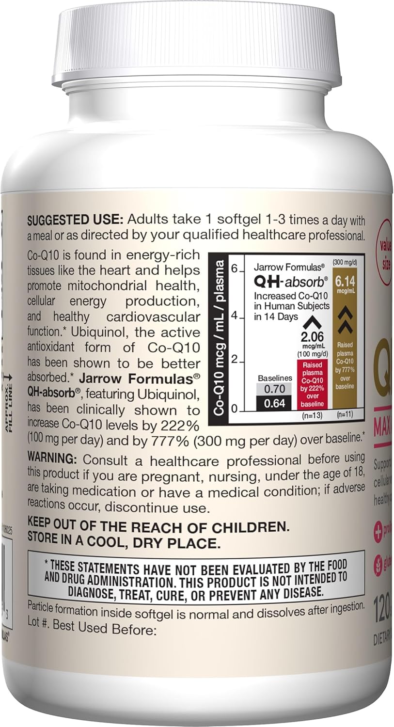 120 Softgels of Jarrow Formulas QH-Absorb Ubiquinol Dietary Supplement, 100 mg, for Cardiovascular Health, 12-Month Supply