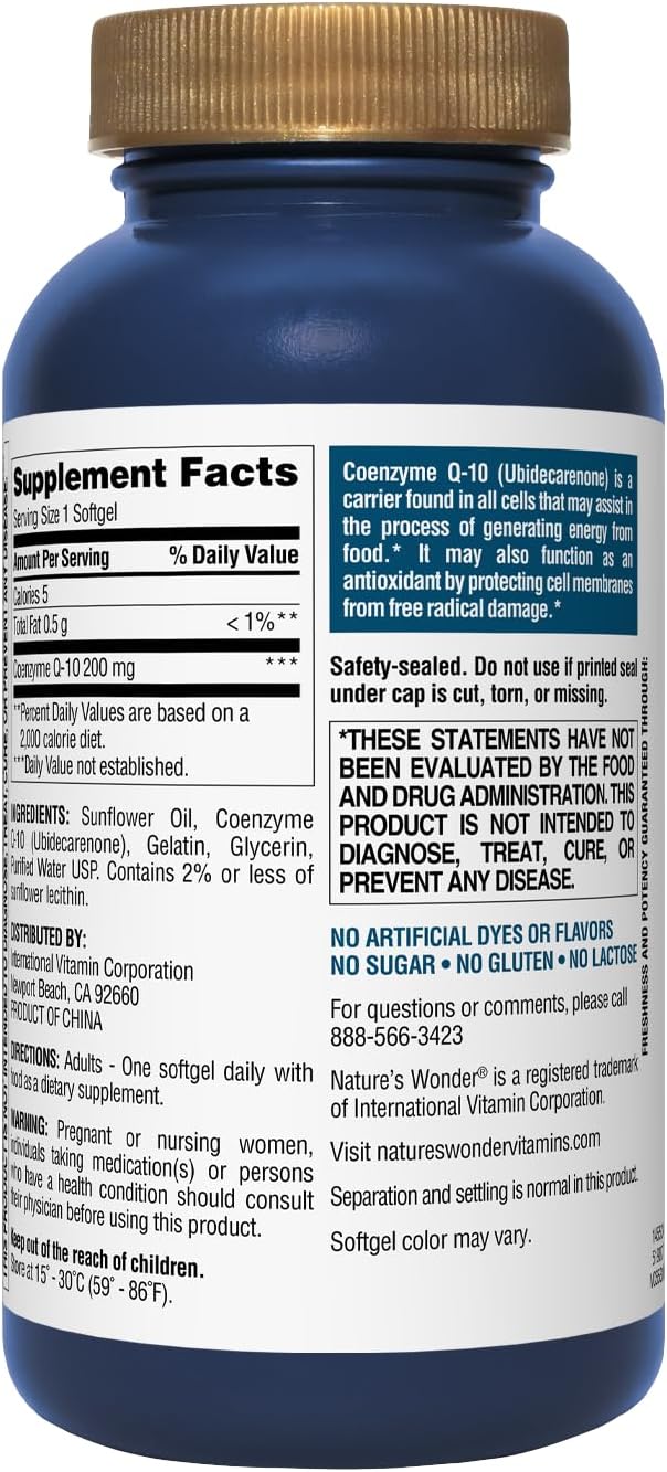 120 Softgels of Nature's Wonder Co Q 10 Supplement - 200 mg Softgel Capsules for Heart Health, Cardiovascular Function, and Energy Production - 4 Month Supply