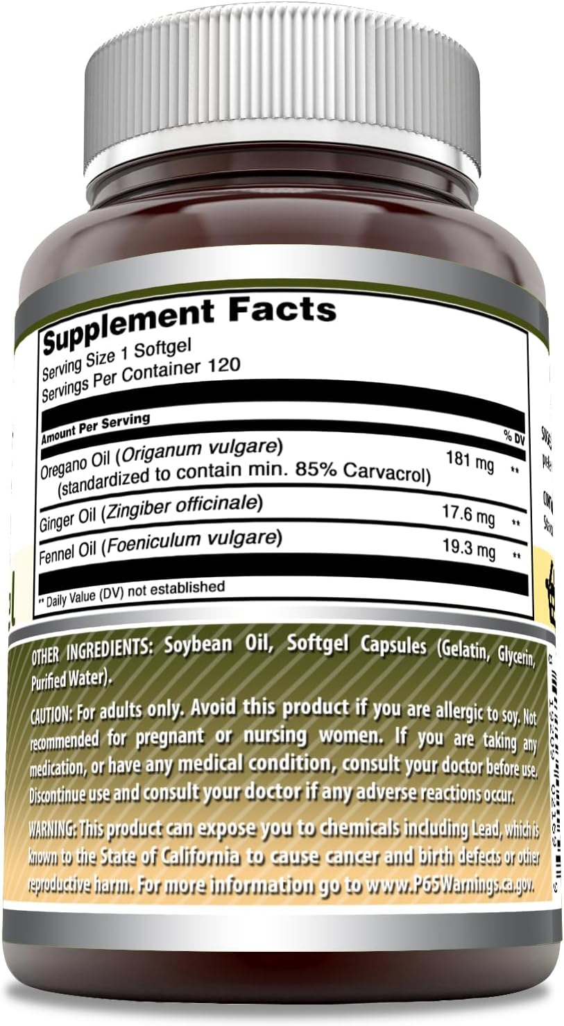 120 Softgels Oregano Oil Supplement with Ginger & Fennel | Non-GMO, Gluten-Free | Made in USA by Amazing Nutrition