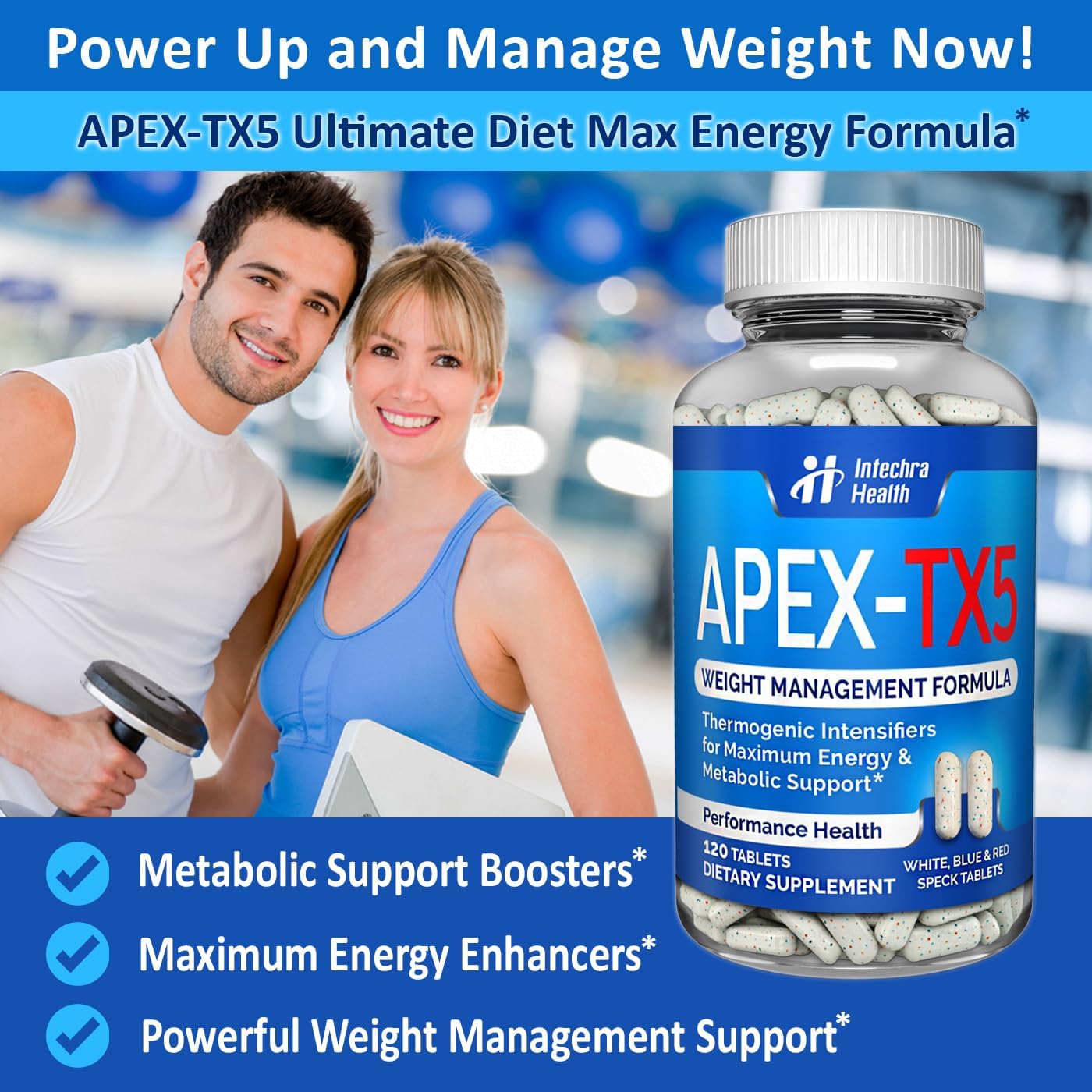 120 Tablets APEX-TX5 Weight Management Supplement - White Blue Red Speck Tablets - Made in USA - Professional Quality