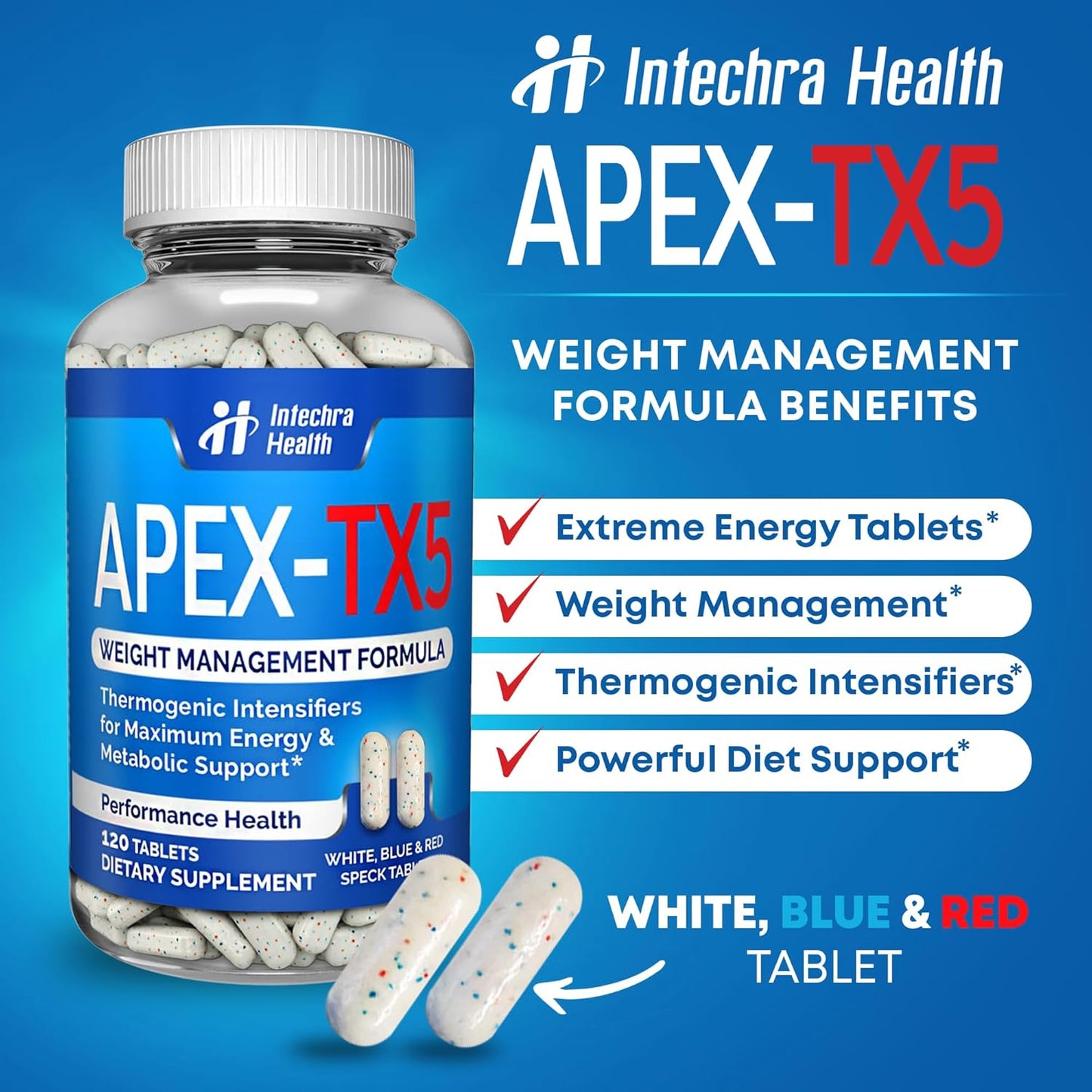 120 Tablets APEX-TX5 Weight Management Supplement - White Blue Red Speck Tablets - Made in USA - Professional Quality