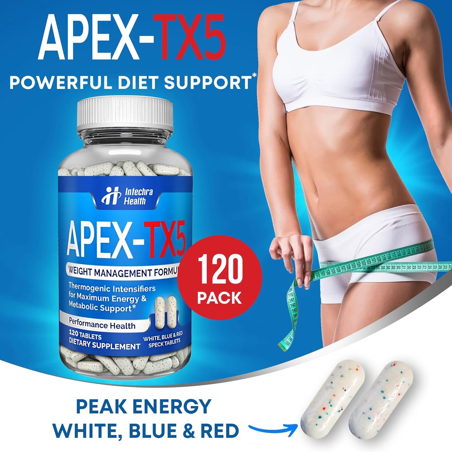 120 Tablets APEX-TX5 Weight Management Supplement - White Blue Red Speck Tablets - Made in USA - Professional Quality