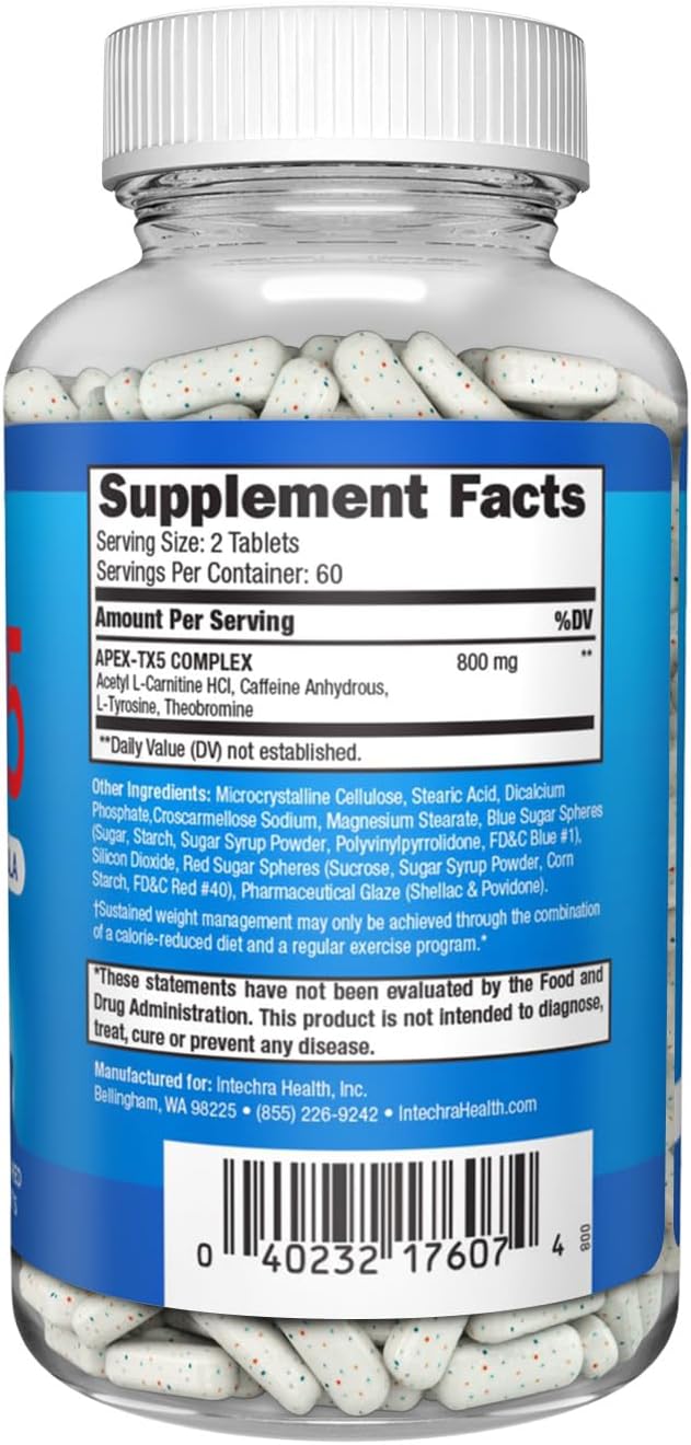 120 Tablets APEX-TX5 Weight Management Supplement - White Blue Red Speck Tablets - Made in USA - Professional Quality
