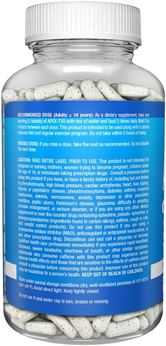 120 Tablets APEX-TX5 Weight Management Supplement - White Blue Red Speck Tablets - Made in USA - Professional Quality