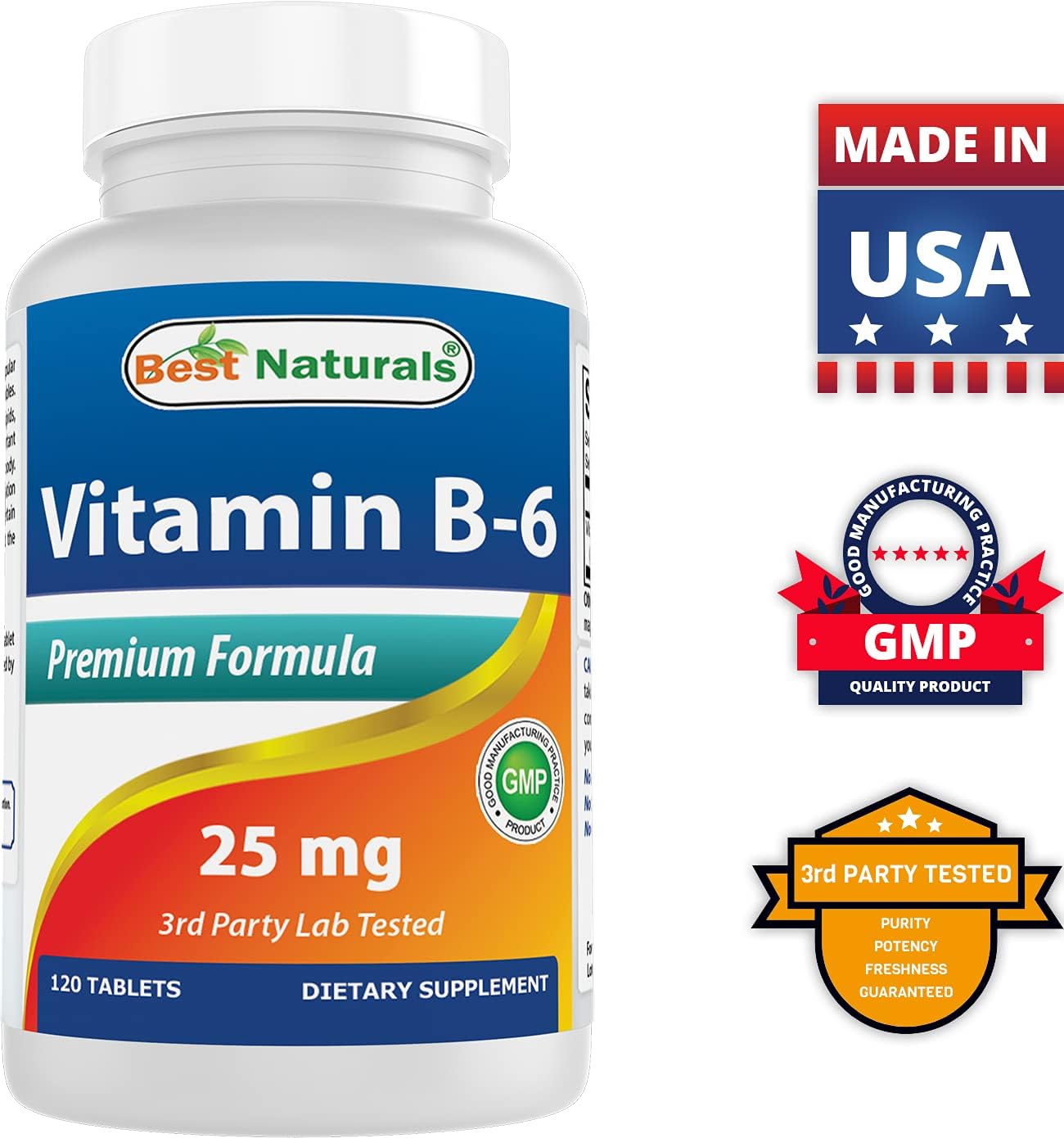 120 Tablets Best Naturals Vitamin B6 25mg - Pack of 2