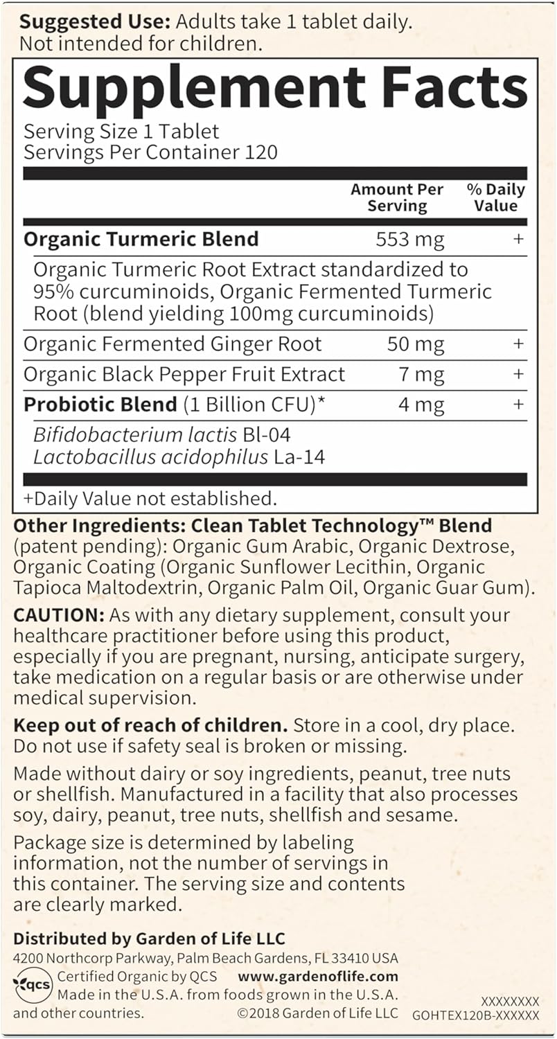 120 Tablets Garden of Life Organics Turmeric Supplement with 100mg Curcumin & Black Pepper - Vegan, Non-GMO, Gluten-Free