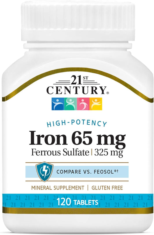 120 Tablets of 21st Century Iron 65 mg with Ferrous Sulfate 325 mg for Iron Support