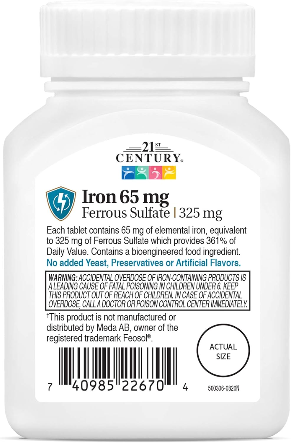120 Tablets of 21st Century Iron 65 mg with Ferrous Sulfate 325 mg for Iron Support
