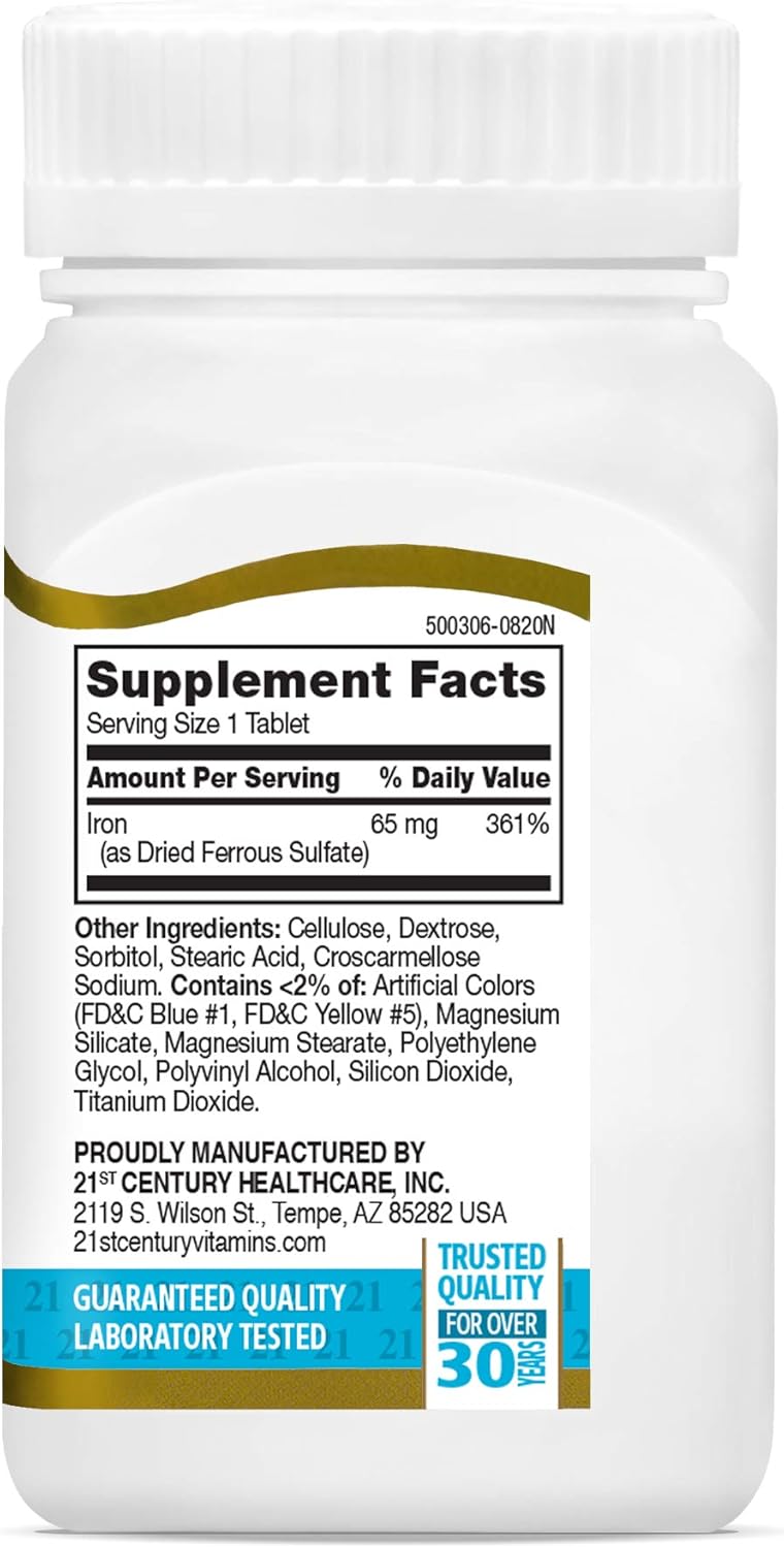 120 Tablets of 21st Century Iron 65 mg with Ferrous Sulfate 325 mg for Iron Support