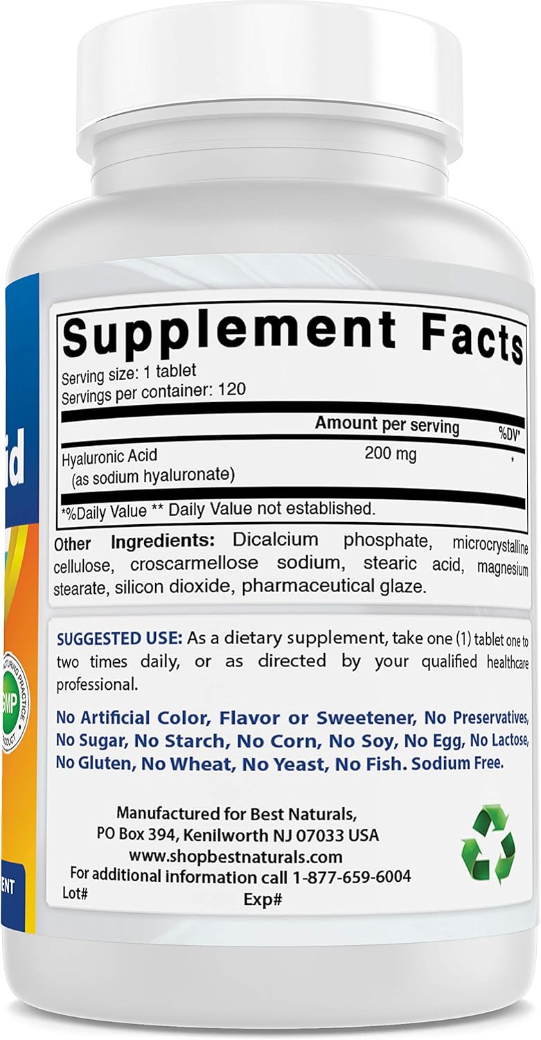 120 Tablets of Best Naturals Hyaluronic Acid 200mg - Non-GMO & Gluten Free for Youthful Skin & Joint Health