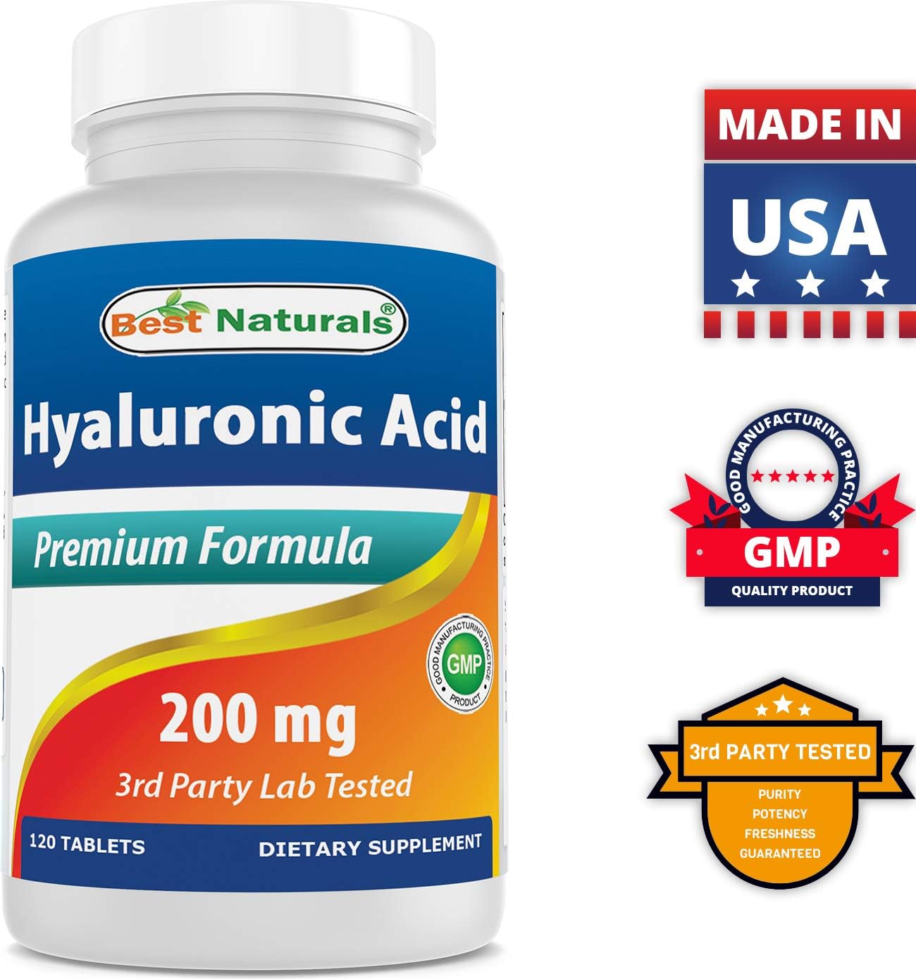 120 Tablets of Best Naturals Hyaluronic Acid 200mg - Non-GMO & Gluten Free for Youthful Skin & Joint Health