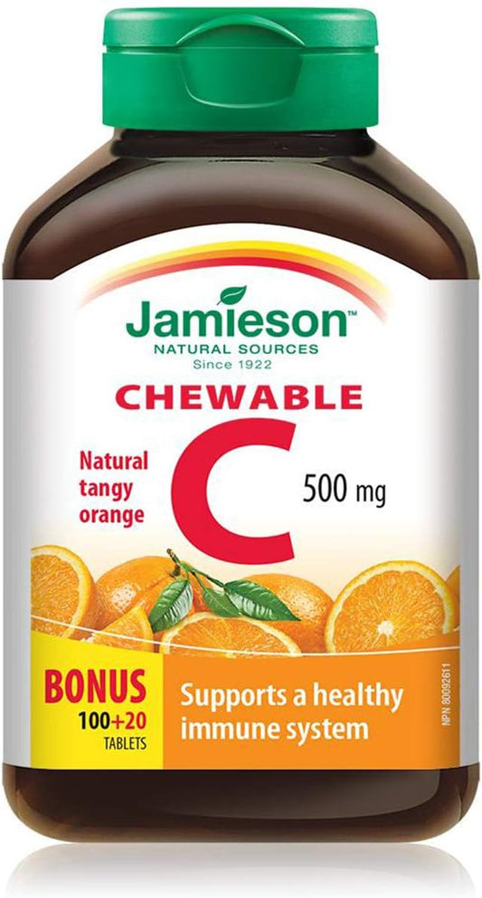 120 Tangy Orange Chewable Vitamin C Tablets - 500mg by Jamieson with Bonus