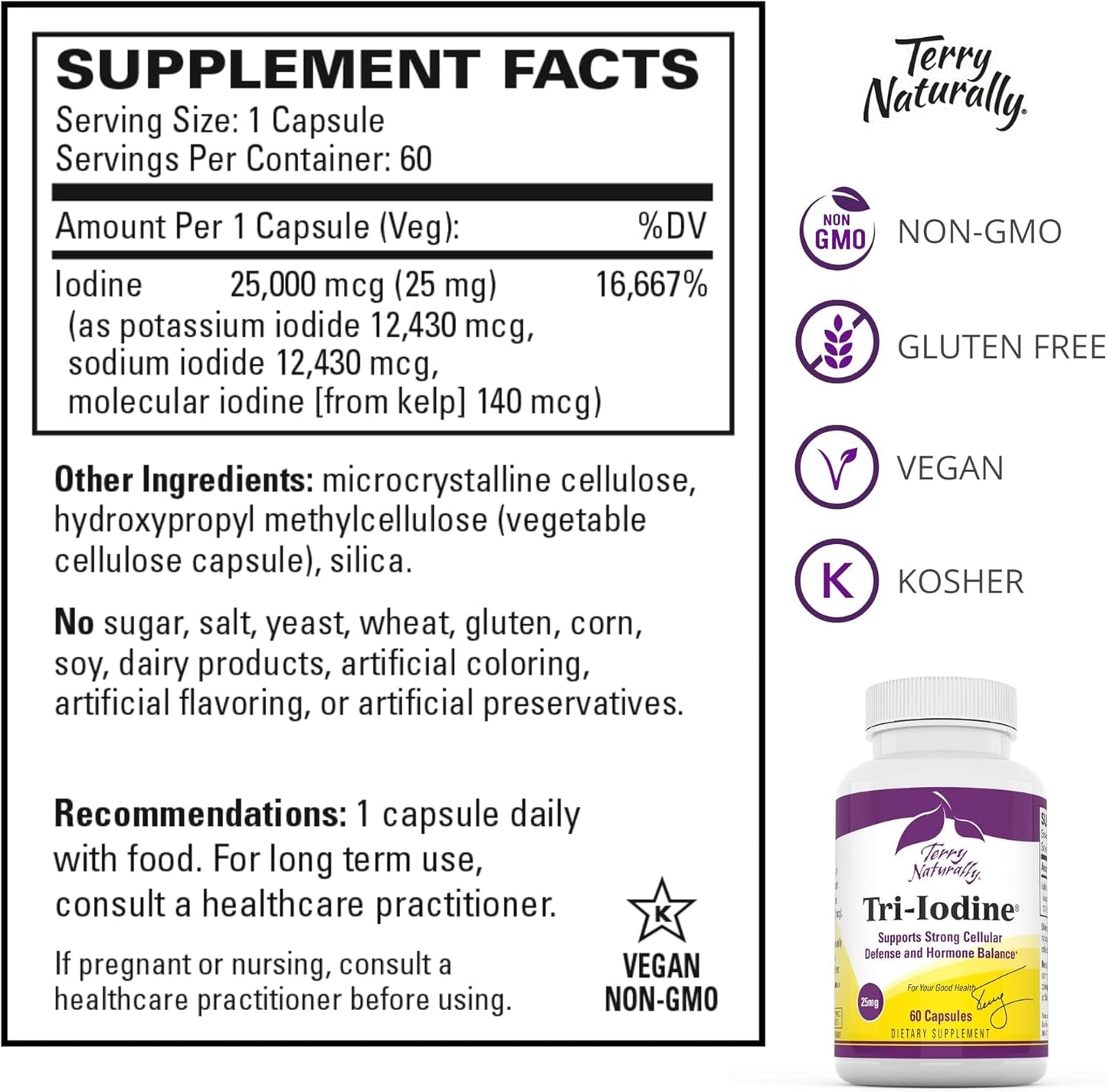 120 Total Servings of Terry Naturally Tri-Iodine 25 mg - 60 Capsules, Pack of 2 - Hormone Balance and Breast & Prostate Health Support - Non-GMO, Vegan, Gluten Free, Kosher