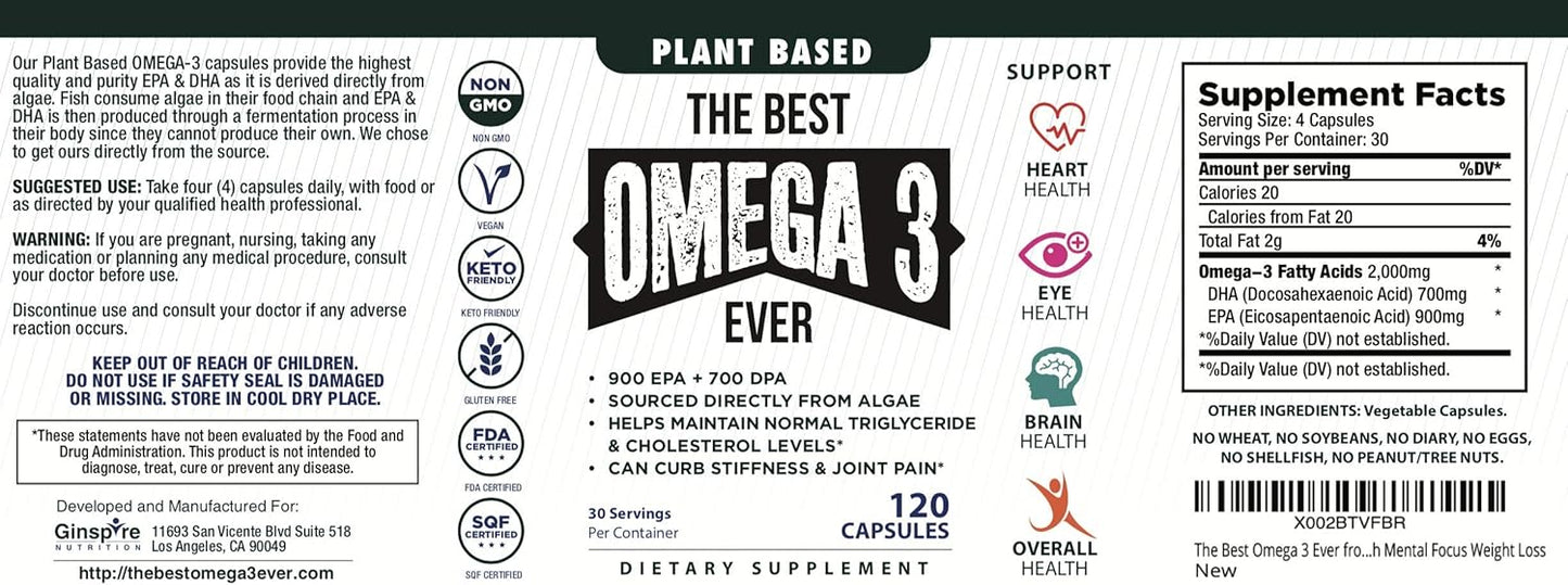 120 Vegan Algae Omega 3 Capsules - Plant Based Fish Oil Alternative - Made in USA - Heart Health & Stress Relief Supplement