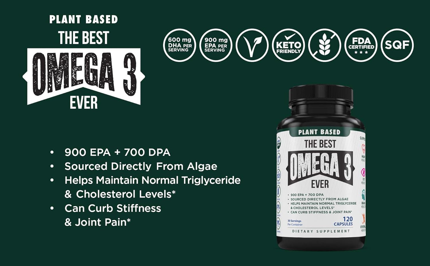 120 Vegan Algae Omega 3 Capsules - Plant Based Fish Oil Alternative - Made in USA - Heart Health & Stress Relief Supplement