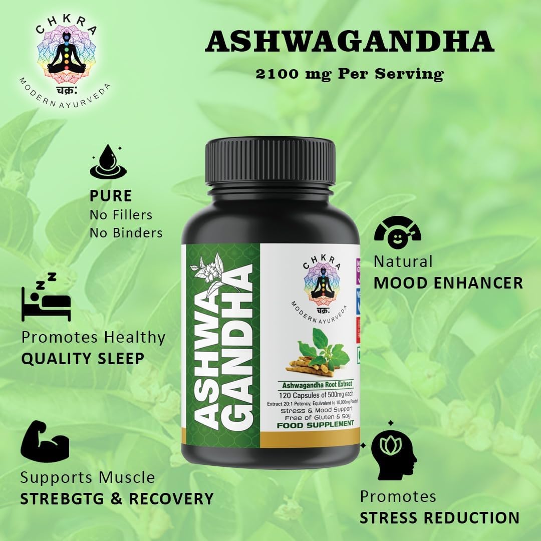120 Vegan Ashwagandha Capsules - Organic Powder & Root Extract - 10,000mg Equivalent - Stress Relief & Mood Enhancer - 4 Month Supply