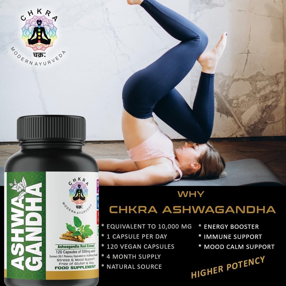 120 Vegan Ashwagandha Capsules - Organic Powder & Root Extract - 10,000mg Equivalent - Stress Relief & Mood Enhancer - 4 Month Supply