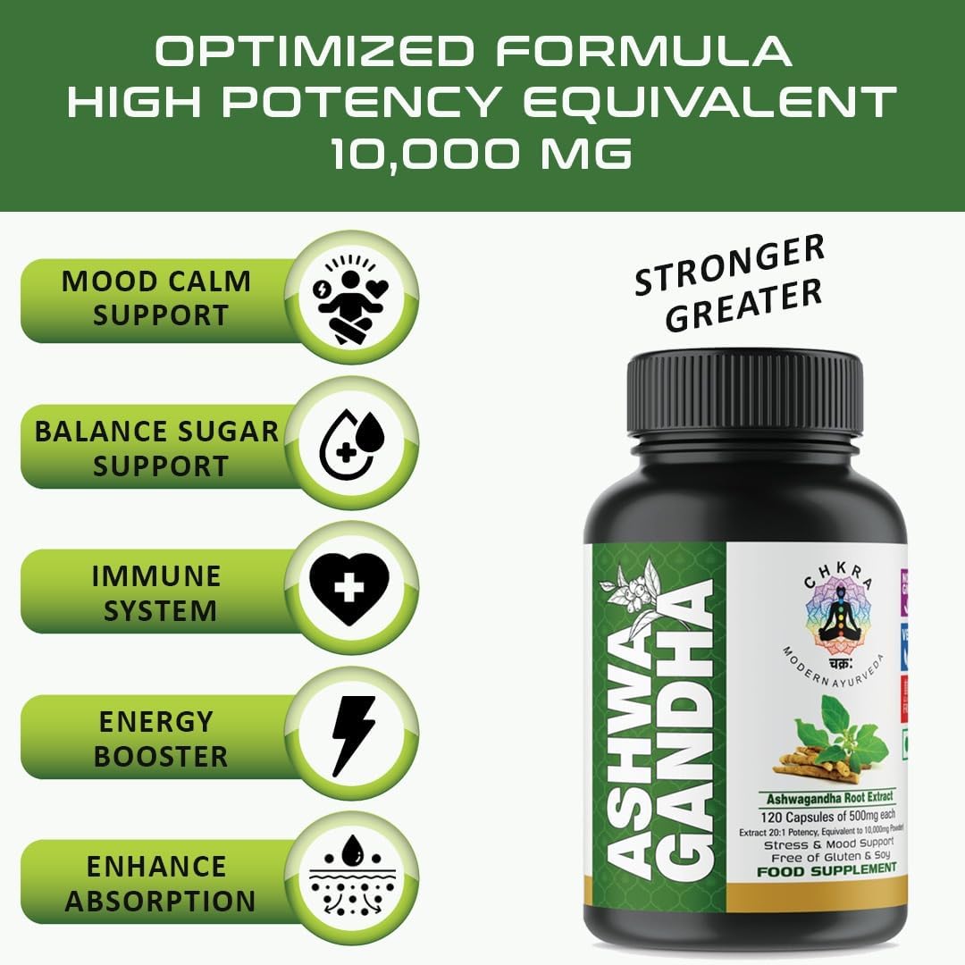 120 Vegan Ashwagandha Capsules - Organic Powder & Root Extract - 10,000mg Equivalent - Stress Relief & Mood Enhancer - 4 Month Supply