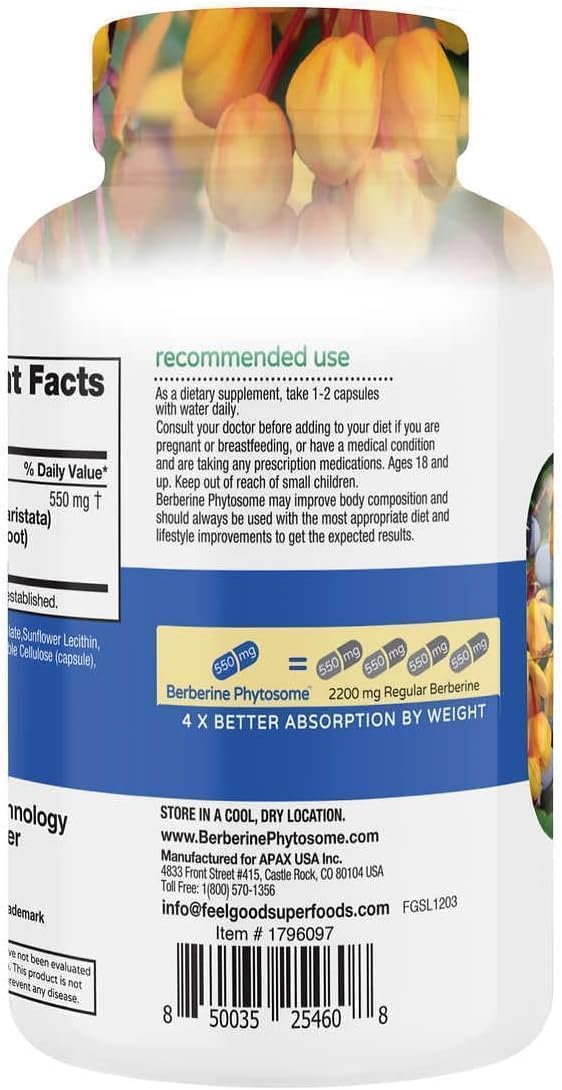120 Vegan Capsules of Feel Good Superfoods Berberine Phytosome for Improved Wellbeing