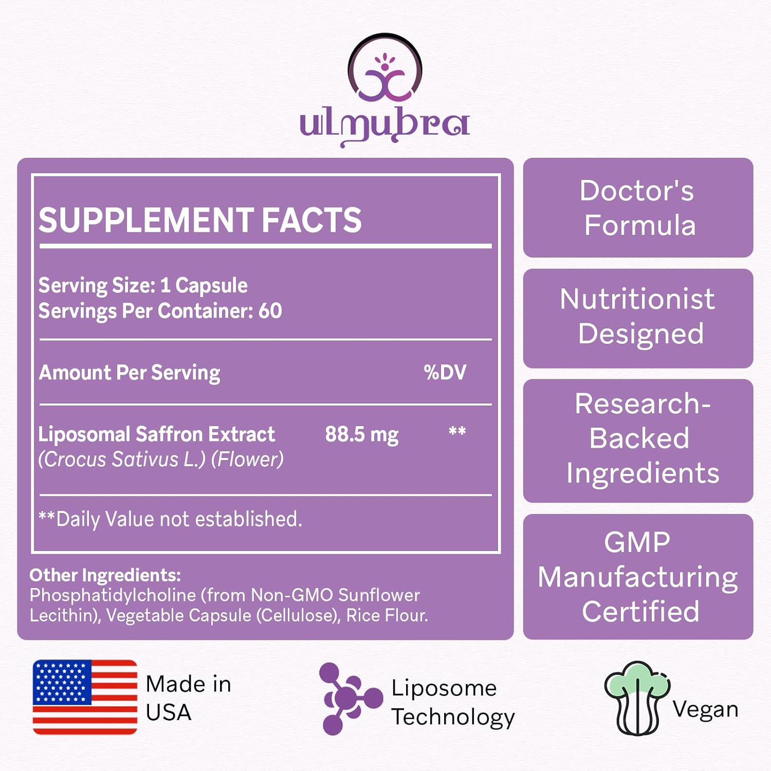 120 Vegan Capsules of Ulmubra Liposomal Saffron Supplements, 100% Pure Extract for Mood, Energy, Vision & Focus, 88.5 mg, High Absorption