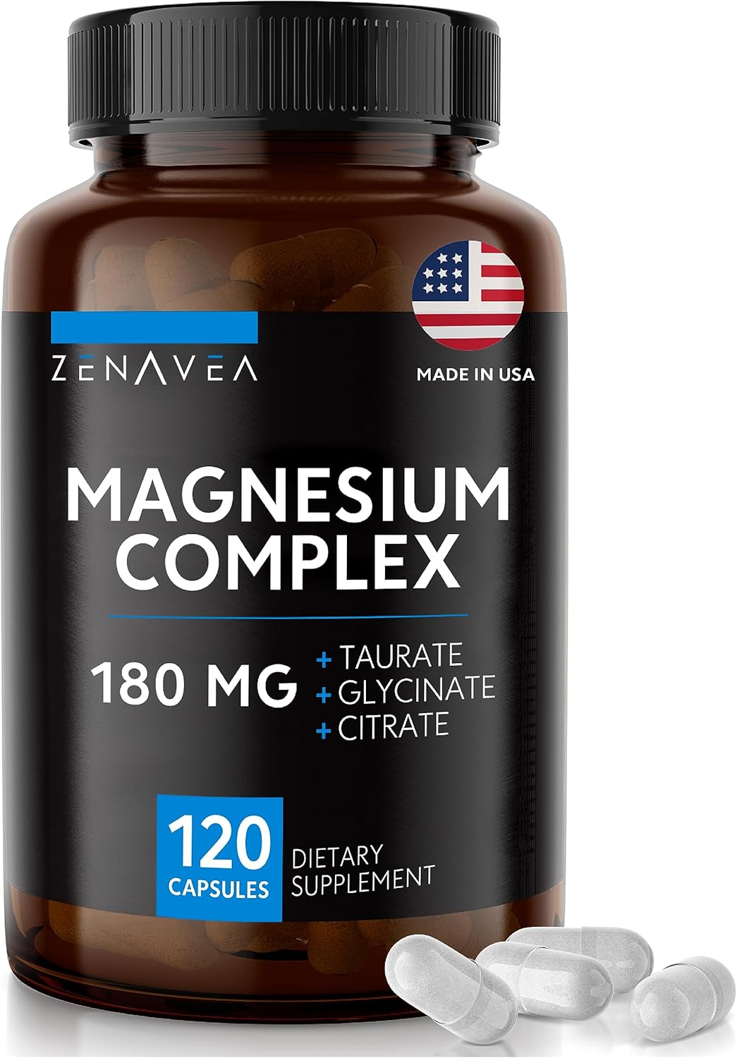 120 Vegan Capsules of Zenavea Triple Magnesium Complex - 180mg Magnesium Glycinate, Taurate, and Citrate - Calm Supplement
