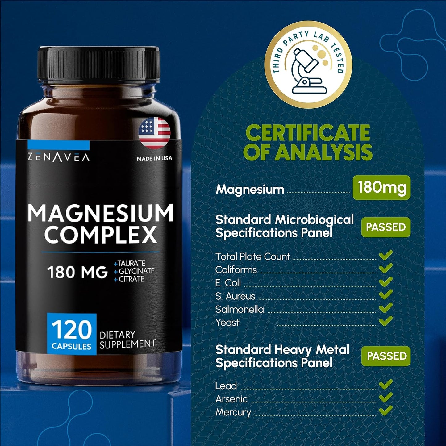 120 Vegan Capsules of Zenavea Triple Magnesium Complex - 180mg Magnesium Glycinate, Taurate, and Citrate - Calm Supplement