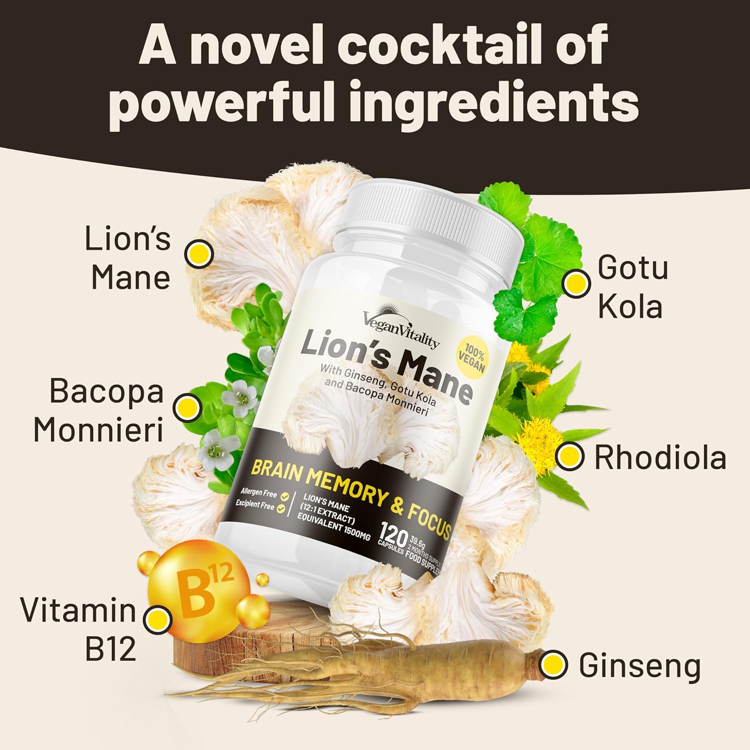 120 Vegan Lions Mane Mushroom Extract Capsules with Bacopa Monnieri, Gotu Kola, Ginseng - Nootropic Brain Support for Focus and Memory
