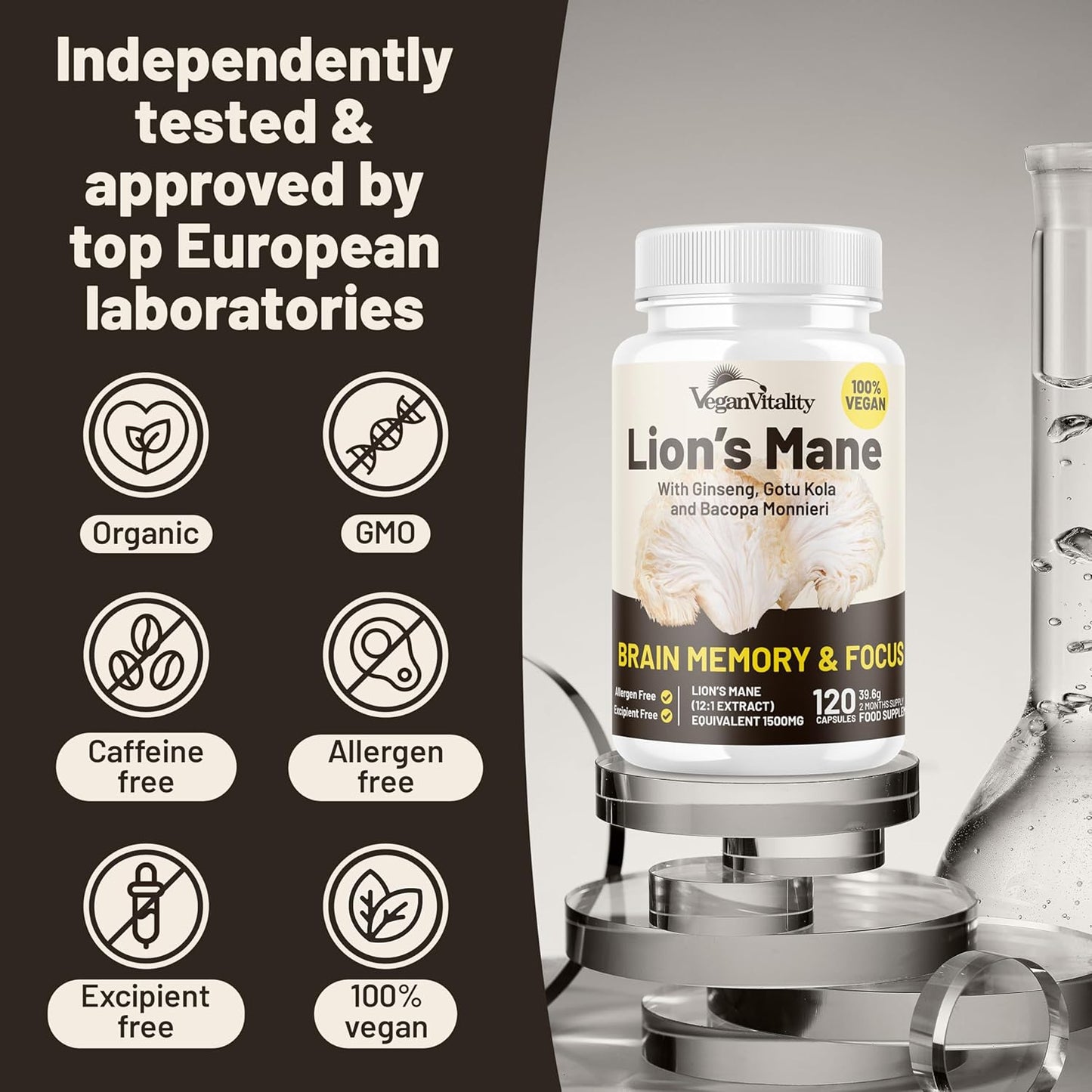 120 Vegan Lions Mane Mushroom Extract Capsules with Bacopa Monnieri, Gotu Kola, Ginseng - Nootropic Brain Support for Focus and Memory