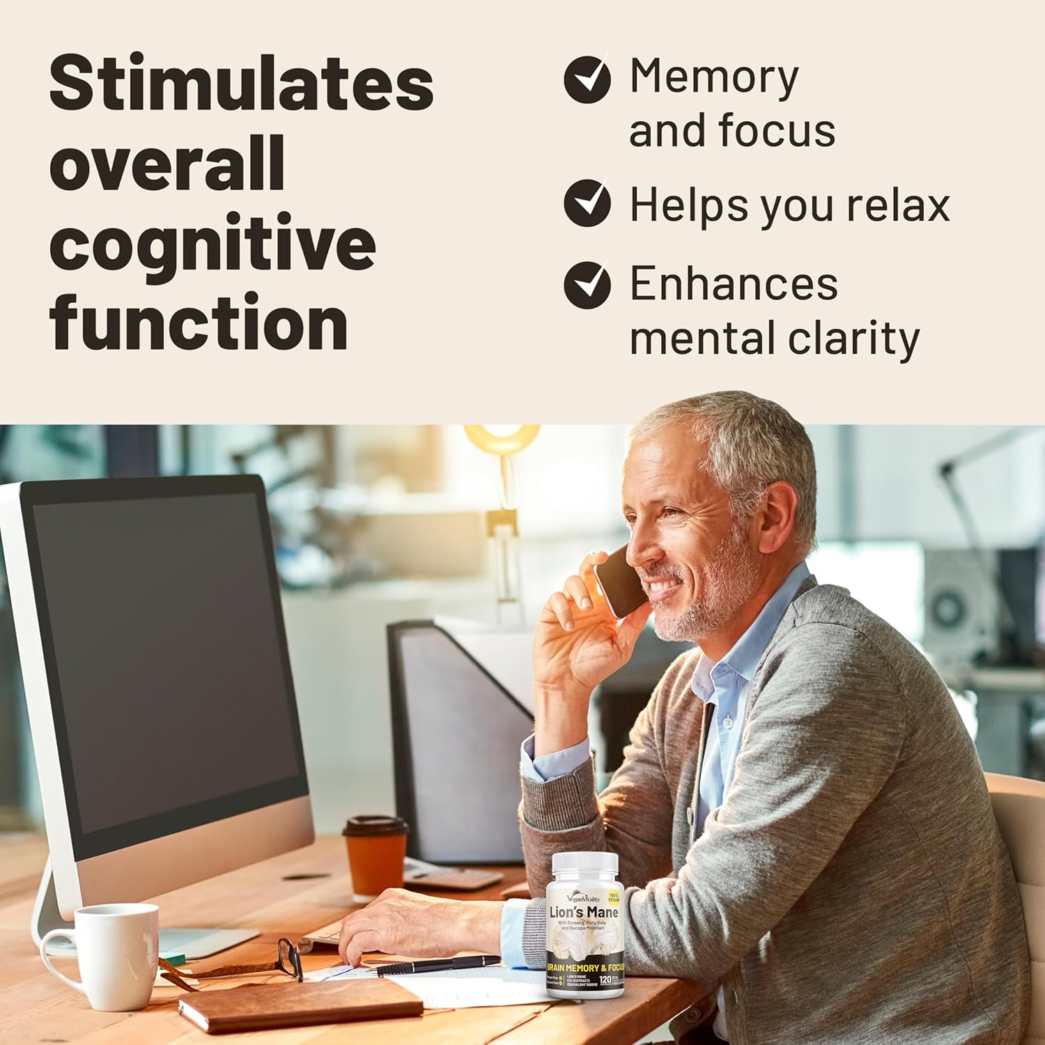 120 Vegan Lions Mane Mushroom Extract Capsules with Bacopa Monnieri, Gotu Kola, Ginseng - Nootropic Brain Support for Focus and Memory