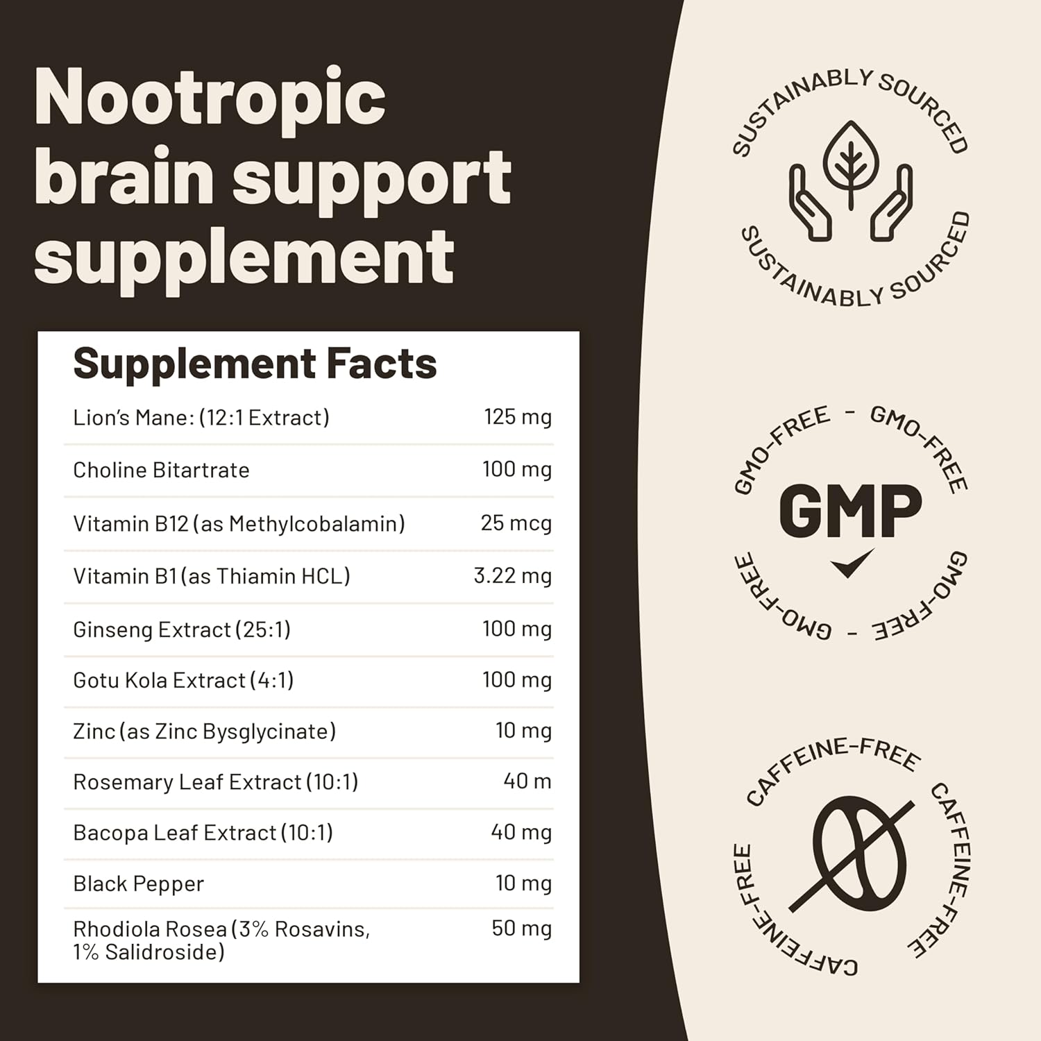 120 Vegan Lions Mane Mushroom Extract Capsules with Bacopa Monnieri, Gotu Kola, Ginseng - Nootropic Brain Support for Focus and Memory