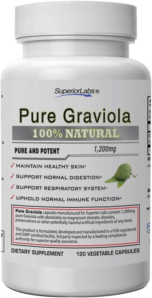 120 Vegetable Capsules of 1,200mg Pure Natural Graviola NonGMO Supplement for Healthy Skin and Respiratory System
