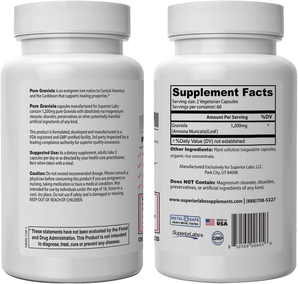 120 Vegetable Capsules of 1,200mg Pure Natural Graviola NonGMO Supplement for Healthy Skin and Respiratory System
