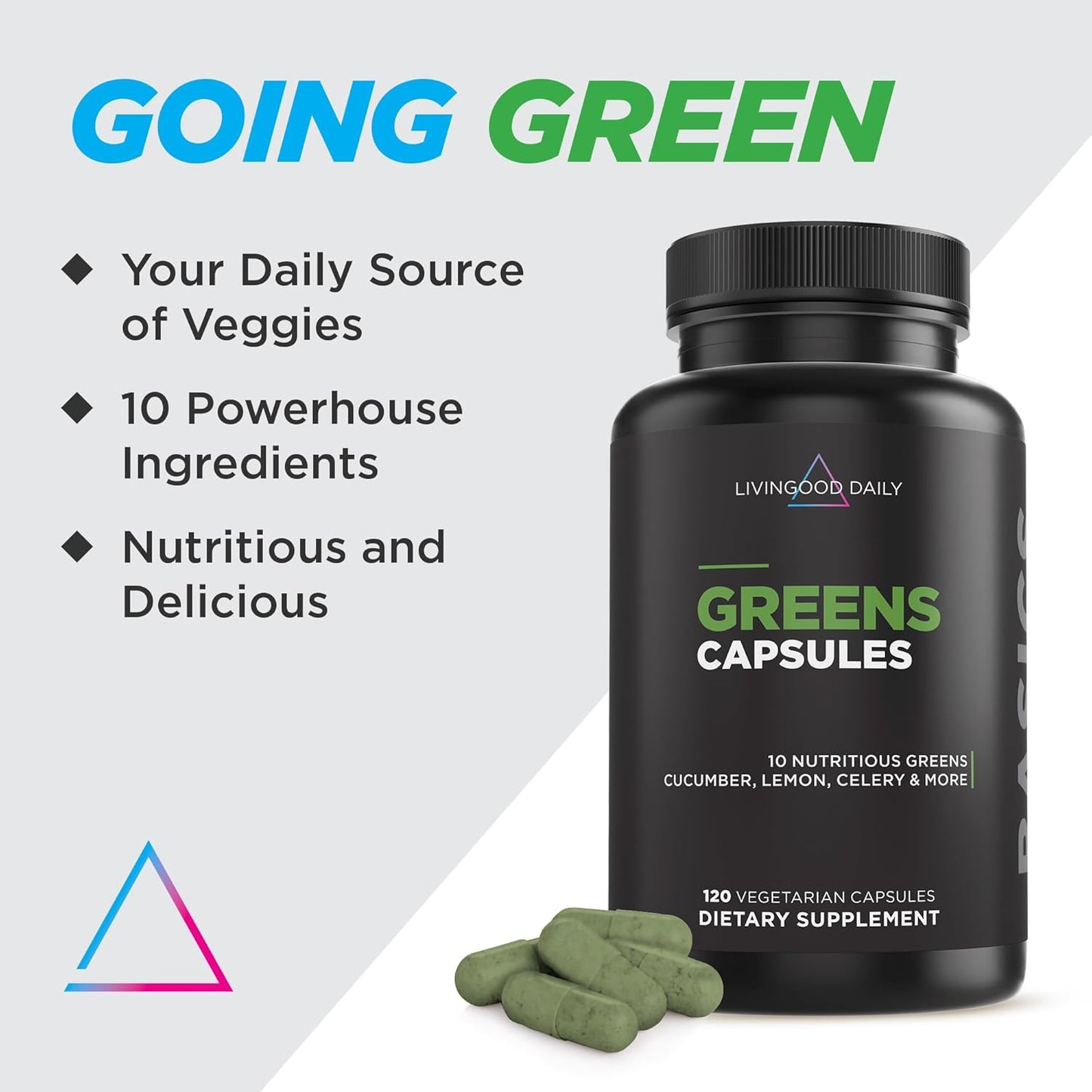 120 Vegetarian Capsules of Livingood Daily Greens Supplement - Super Greens with Spirulina, Chlorella, Broccoli, Spinach for Energy, Digestive, & Gut Health - Fruit & Vegetable Capsules for Overall Wellness