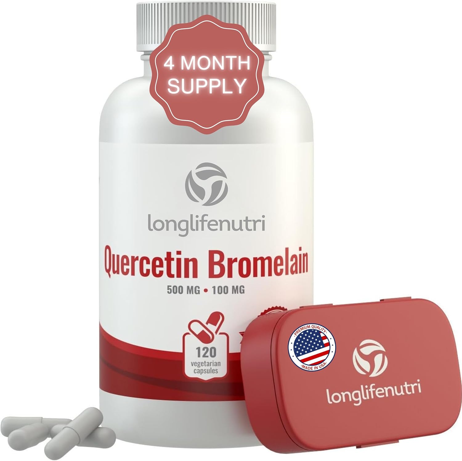120 Vegetarian Capsules of LongLifeNutri Quercetin 500mg with Bromelain 100mg | Natural Antioxidant Relief Complex | Dihydrate Pure Powder Extract