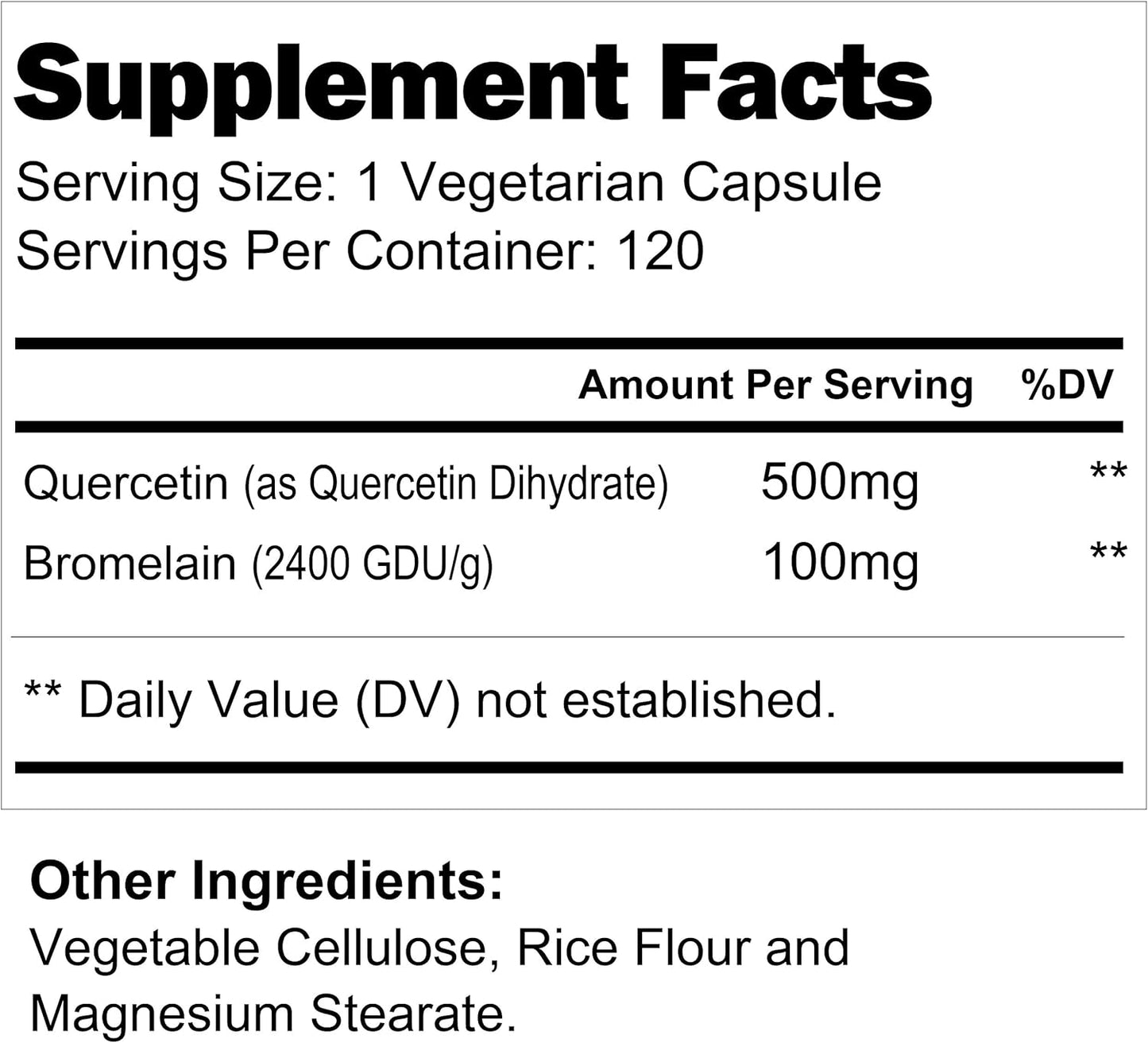 120 Vegetarian Capsules of LongLifeNutri Quercetin 500mg with Bromelain 100mg | Natural Antioxidant Relief Complex | Dihydrate Pure Powder Extract