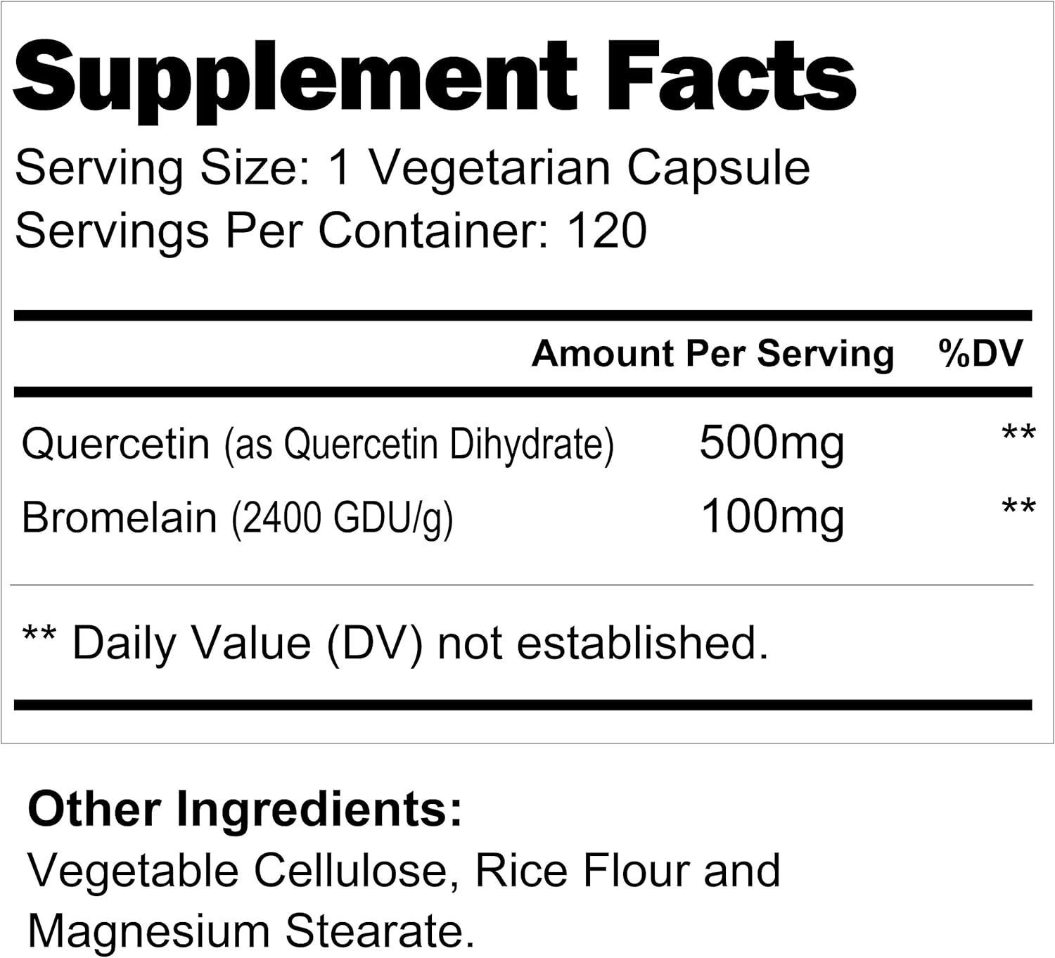 120 Vegetarian Capsules of LongLifeNutri Quercetin 500mg with Bromelain 100mg | Natural Antioxidant Relief Complex | Dihydrate Pure Powder Extract