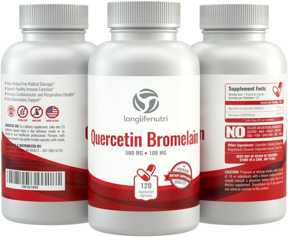 120 Vegetarian Capsules of LongLifeNutri Quercetin 500mg with Bromelain 100mg | Natural Antioxidant Relief Complex | Dihydrate Pure Powder Extract