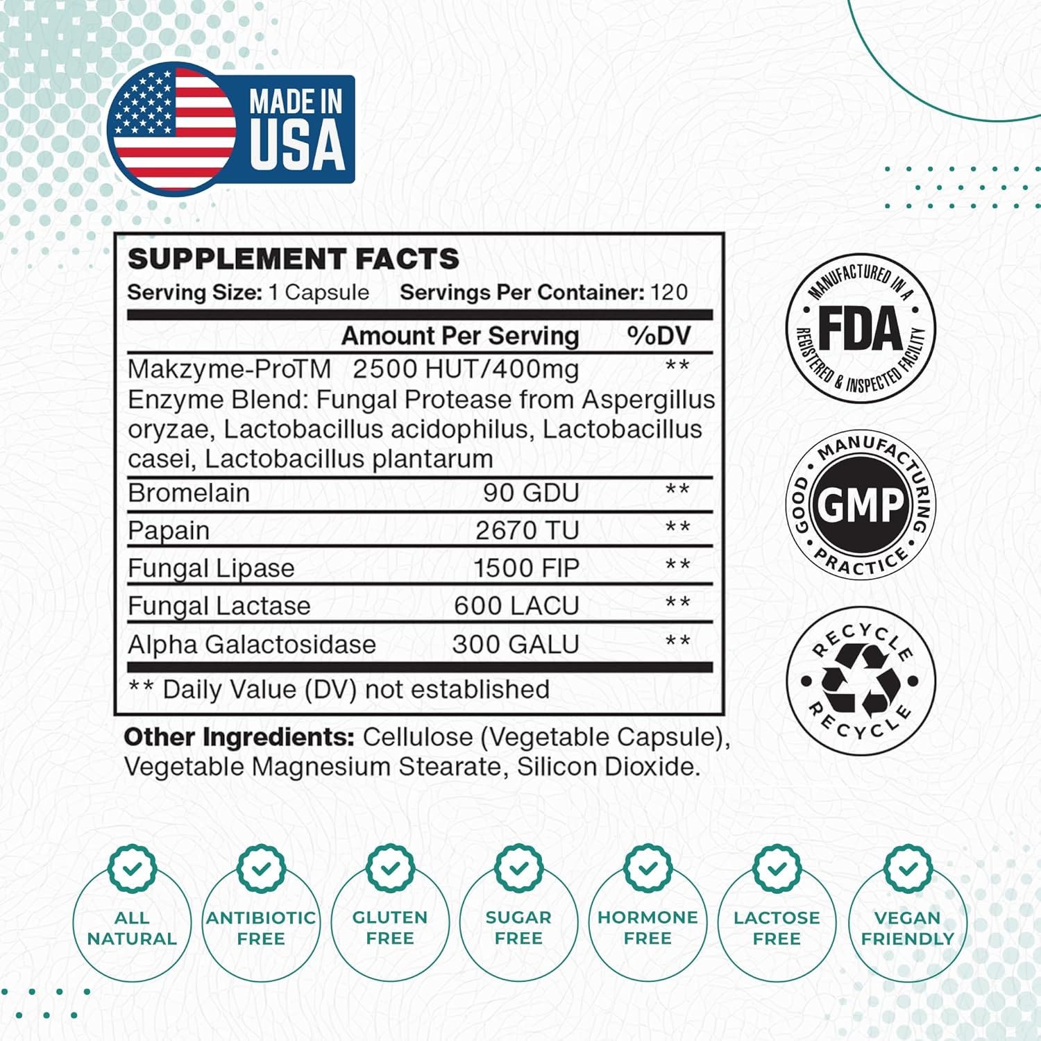 120 Vegetarian Capsules of Makzyme-Pro Blend & Probiotics for Digestive Health - Free of Allergens, Relieves Bloating & Gas