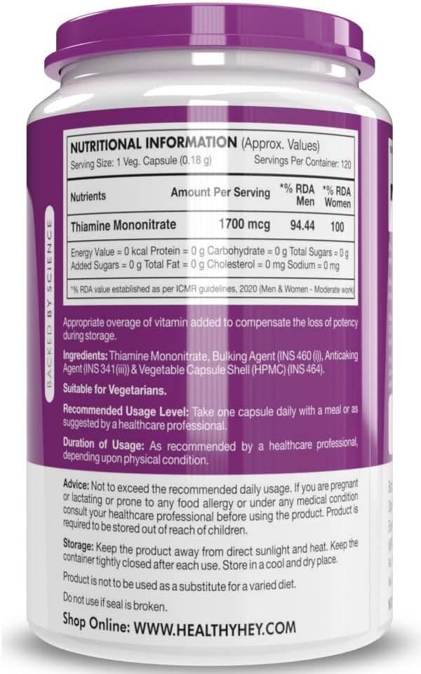 120 Vegetarian Capsules of Vitamin B1 Thiamine Supplement for Energy and Metabolism Support