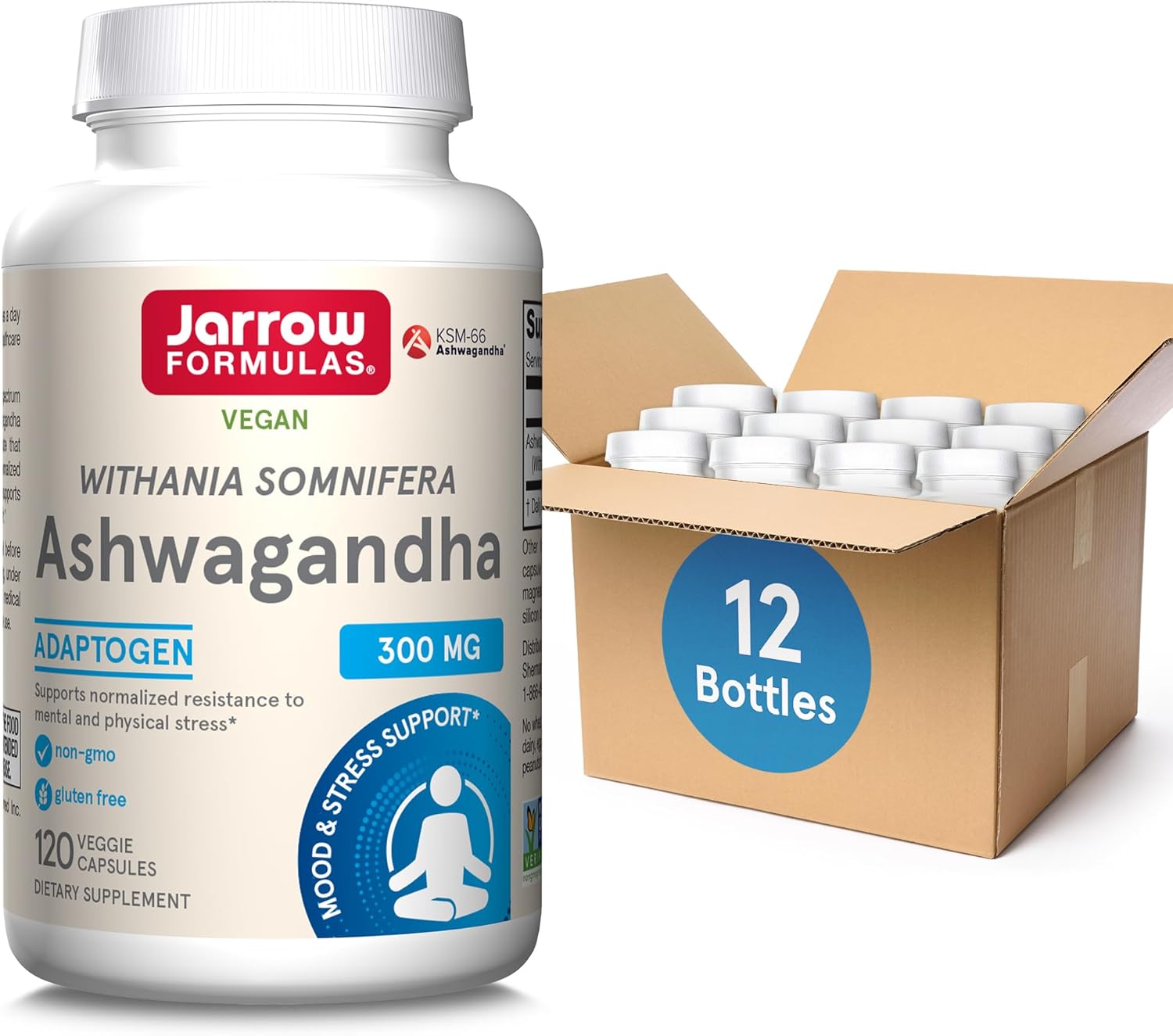 120 Veggie Capsules of Jarrow Formulas Ashwagandha 300 mg - Supports Overall Health, Endurance, and Cognitive Health - 60 Servings in Pack of 12 - Natural Supplement for Fatigue Resistance