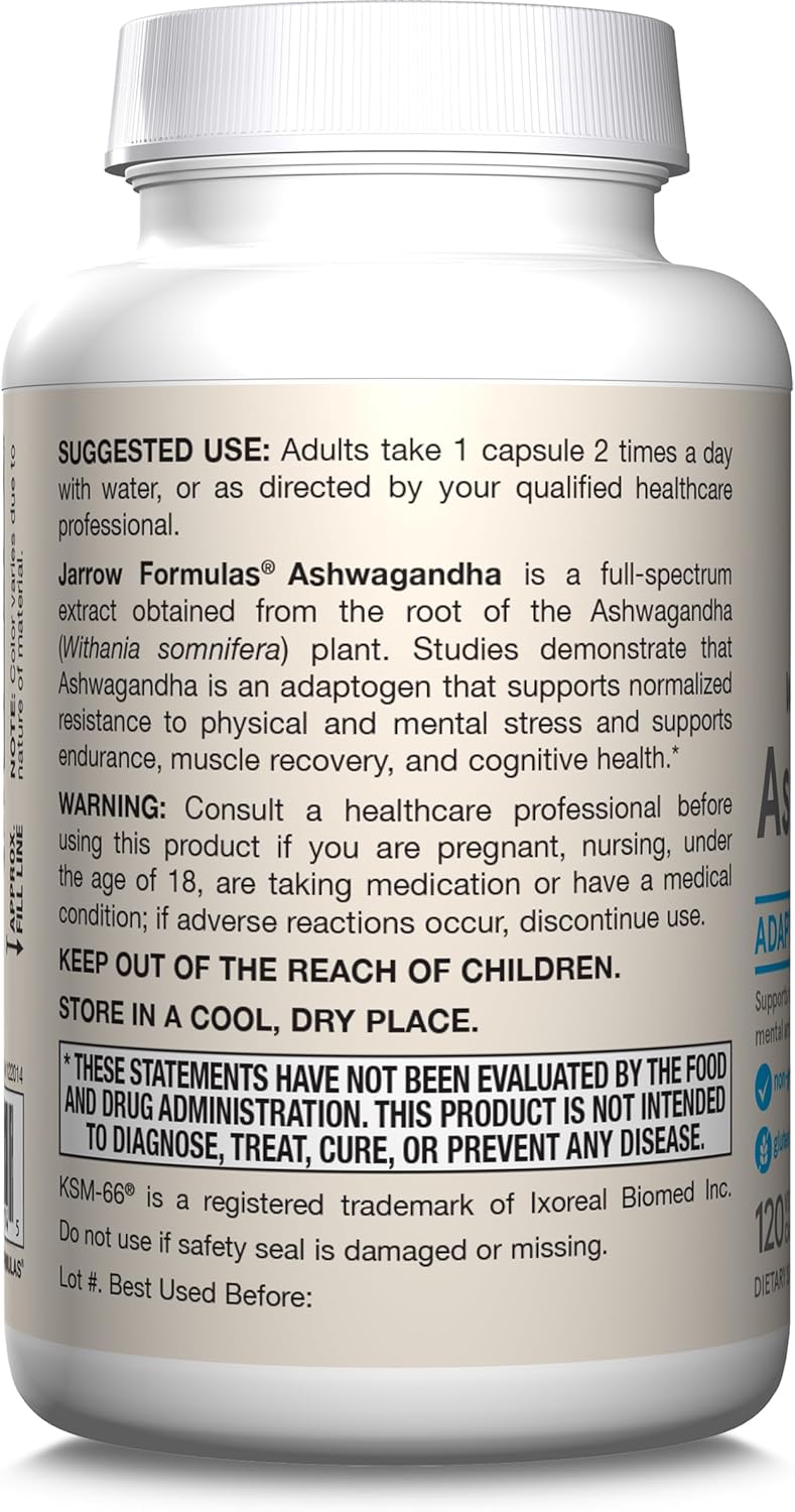 120 Veggie Capsules of Jarrow Formulas Ashwagandha 300 mg - Supports Overall Health, Endurance, and Cognitive Health - 60 Servings in Pack of 12 - Natural Supplement for Fatigue Resistance