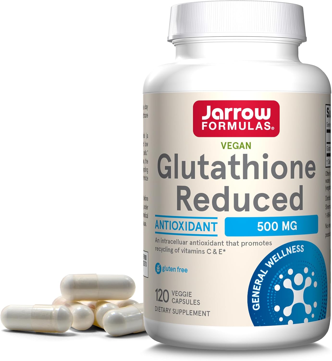 120 Veggie Capsules of Jarrow Formulas Glutathione Reduced 500 mg - Powerful Intracellular Antioxidant for Vitamin C & E Recycling - Non-GMO, Gluten Free, Vegan Formula