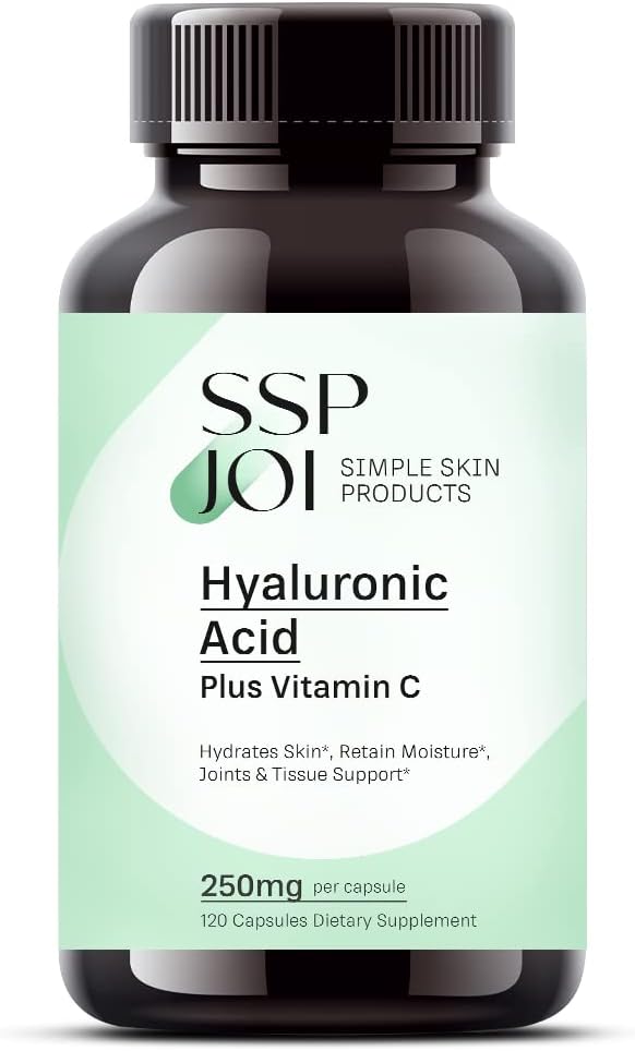 120 Veggie Capsules of sspjoi Hyaluronic Acid 250mg and 50mg Vitamin C - Promotes Skin Hydration and Joint Lubrication for Youthful Skin