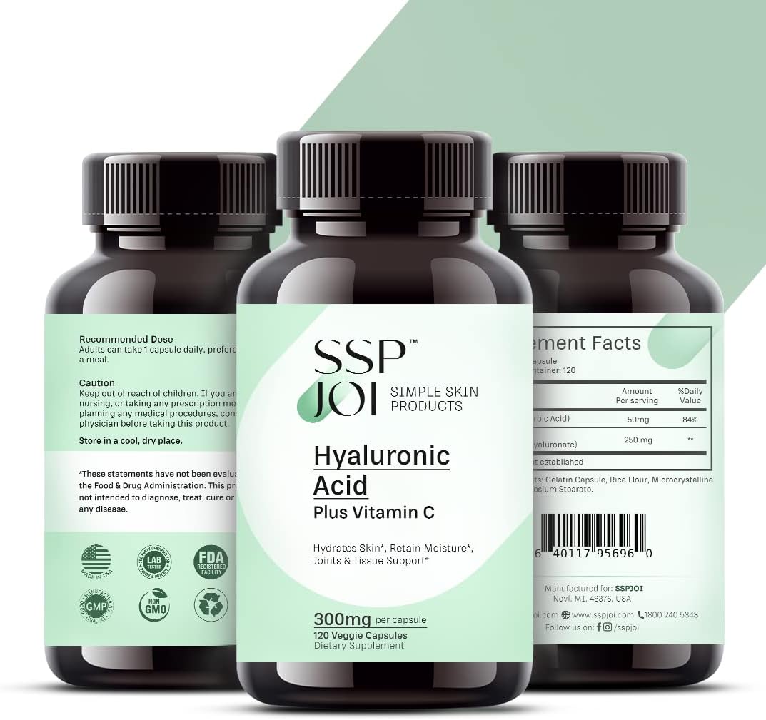 120 Veggie Capsules of sspjoi Hyaluronic Acid 250mg and 50mg Vitamin C - Promotes Skin Hydration and Joint Lubrication for Youthful Skin