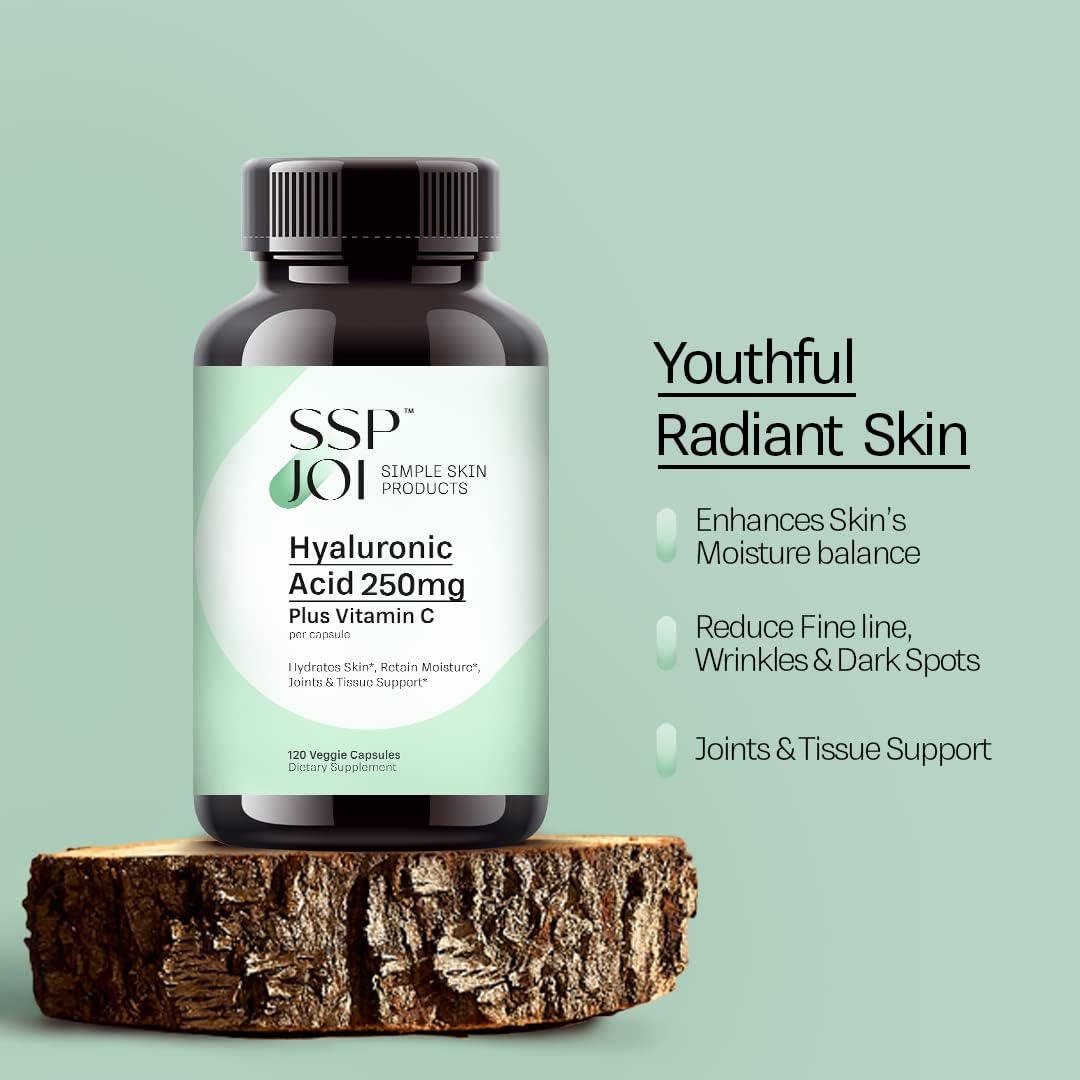 120 Veggie Capsules of sspjoi Hyaluronic Acid 250mg and 50mg Vitamin C - Promotes Skin Hydration and Joint Lubrication for Youthful Skin