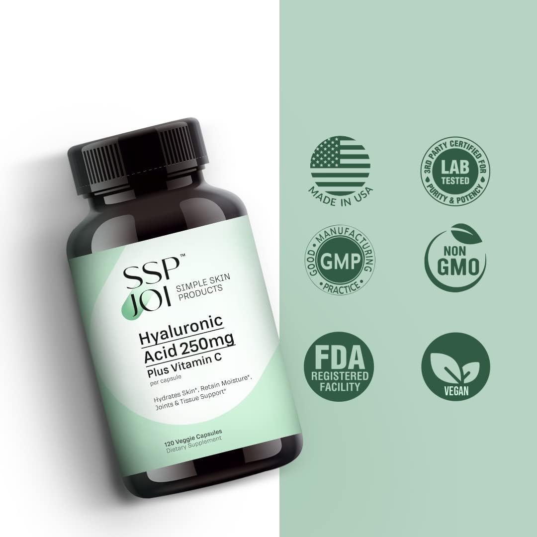 120 Veggie Capsules of sspjoi Hyaluronic Acid 250mg and 50mg Vitamin C - Promotes Skin Hydration and Joint Lubrication for Youthful Skin