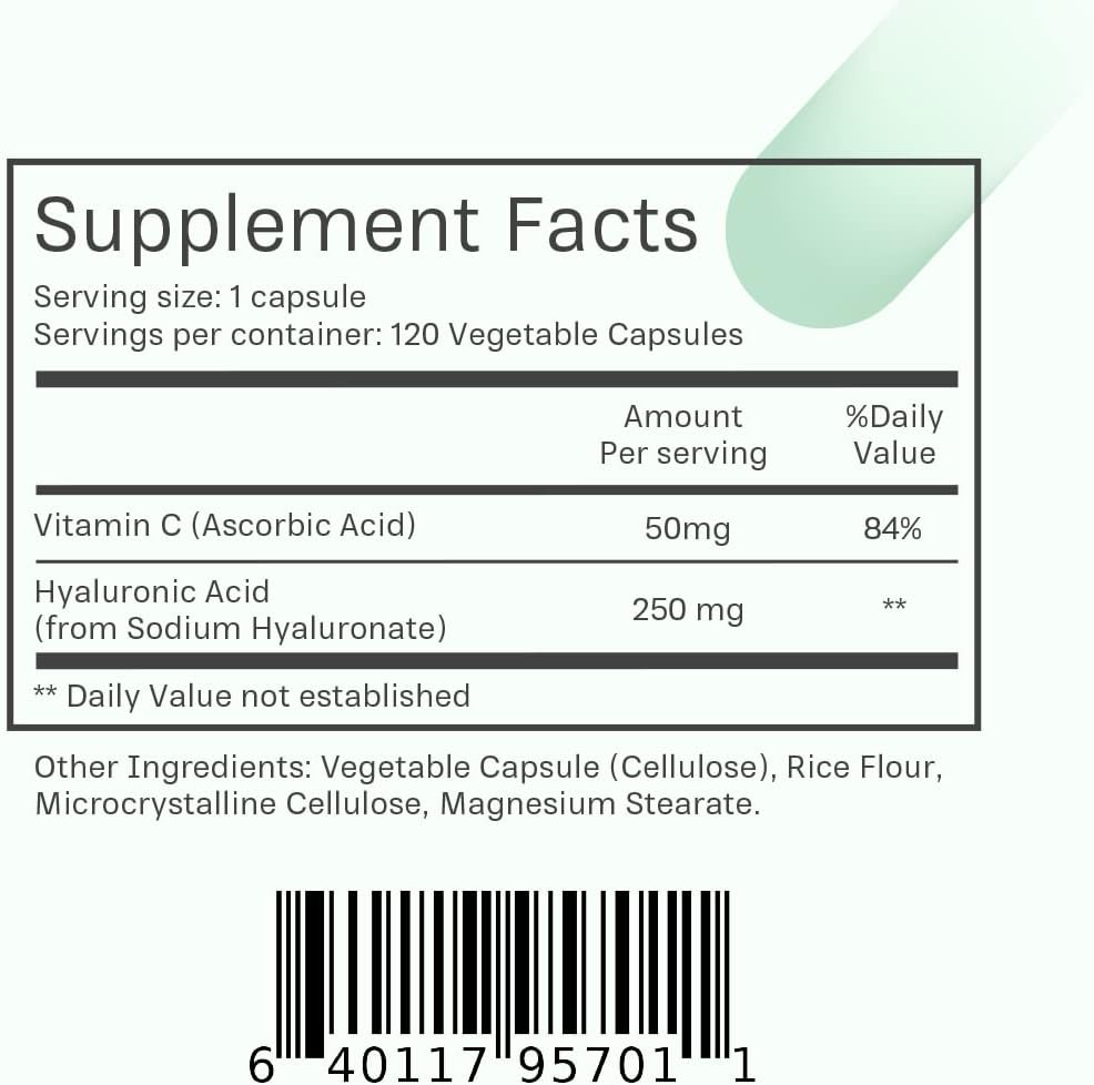 120 Veggie Capsules of sspjoi Hyaluronic Acid 250mg and 50mg Vitamin C - Promotes Skin Hydration and Joint Lubrication for Youthful Skin